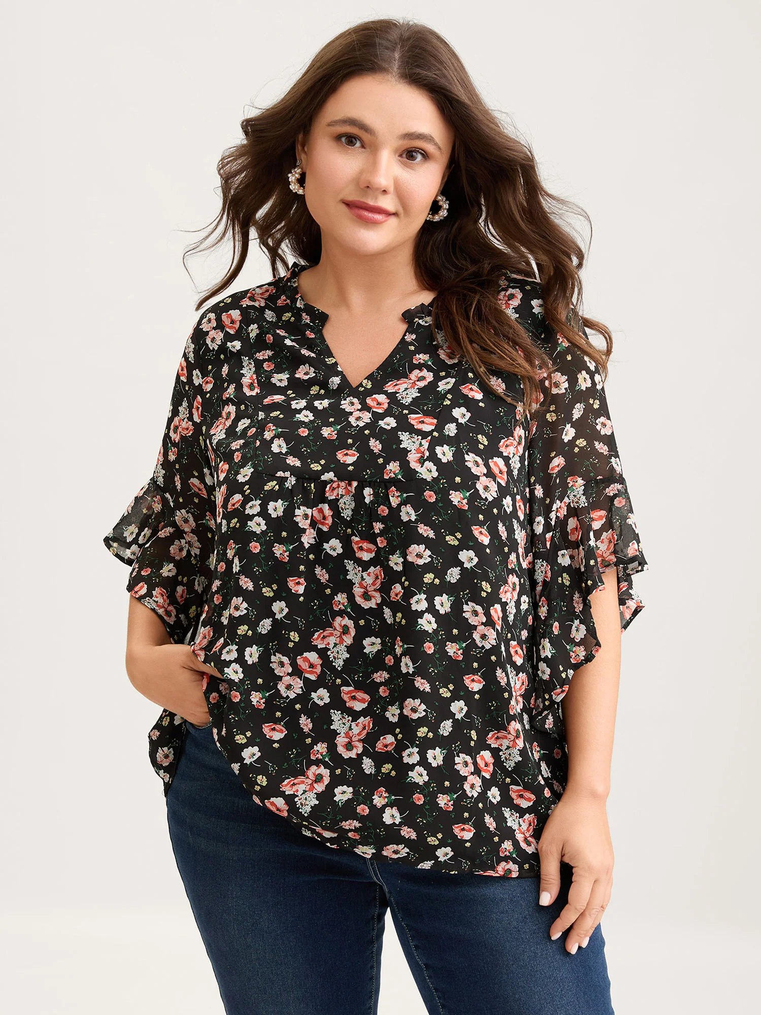 Chiffon Floral Ruffled Sleeve Blouse - Image 4