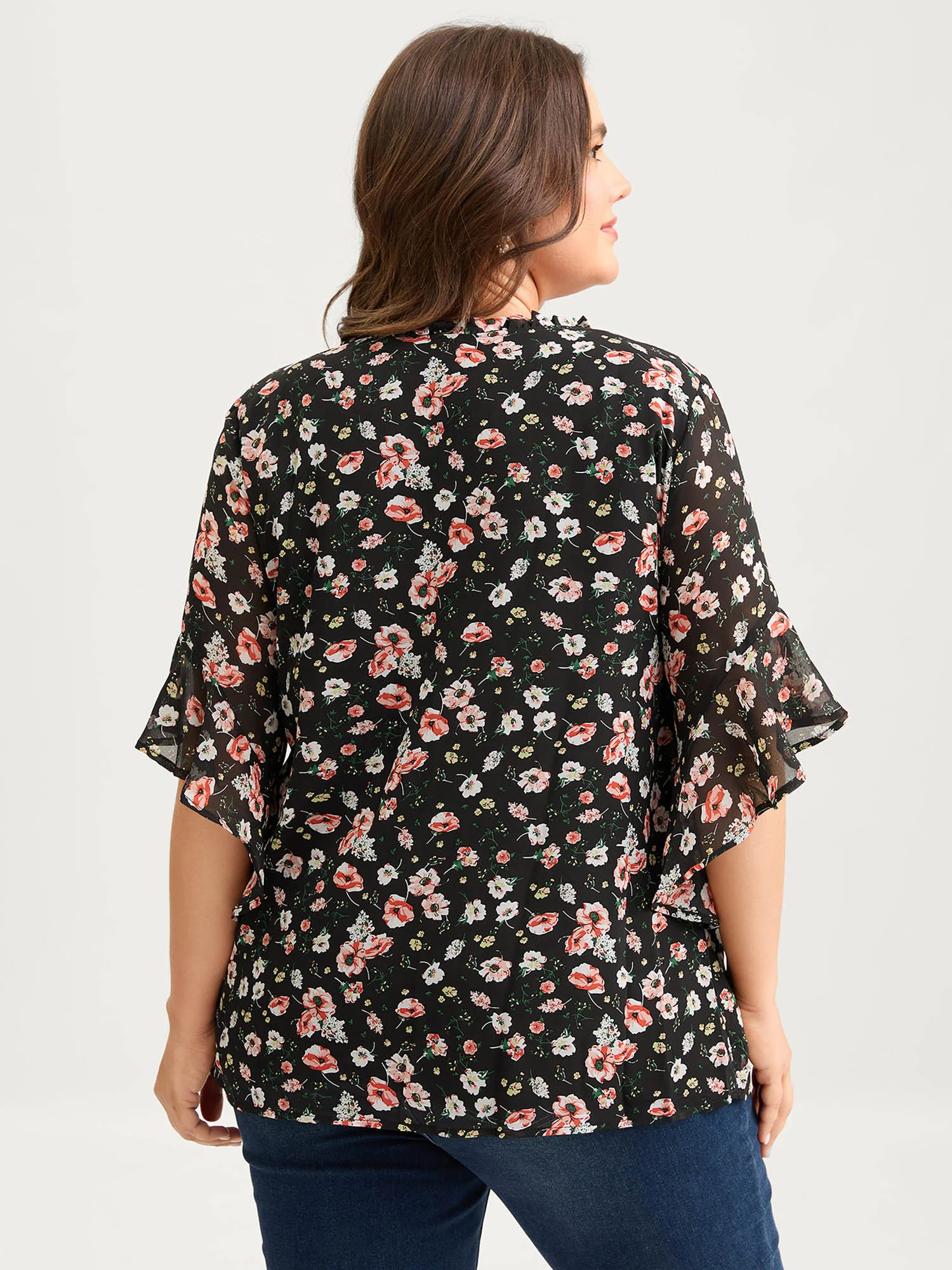 Chiffon Floral Ruffled Sleeve Blouse - Image 5