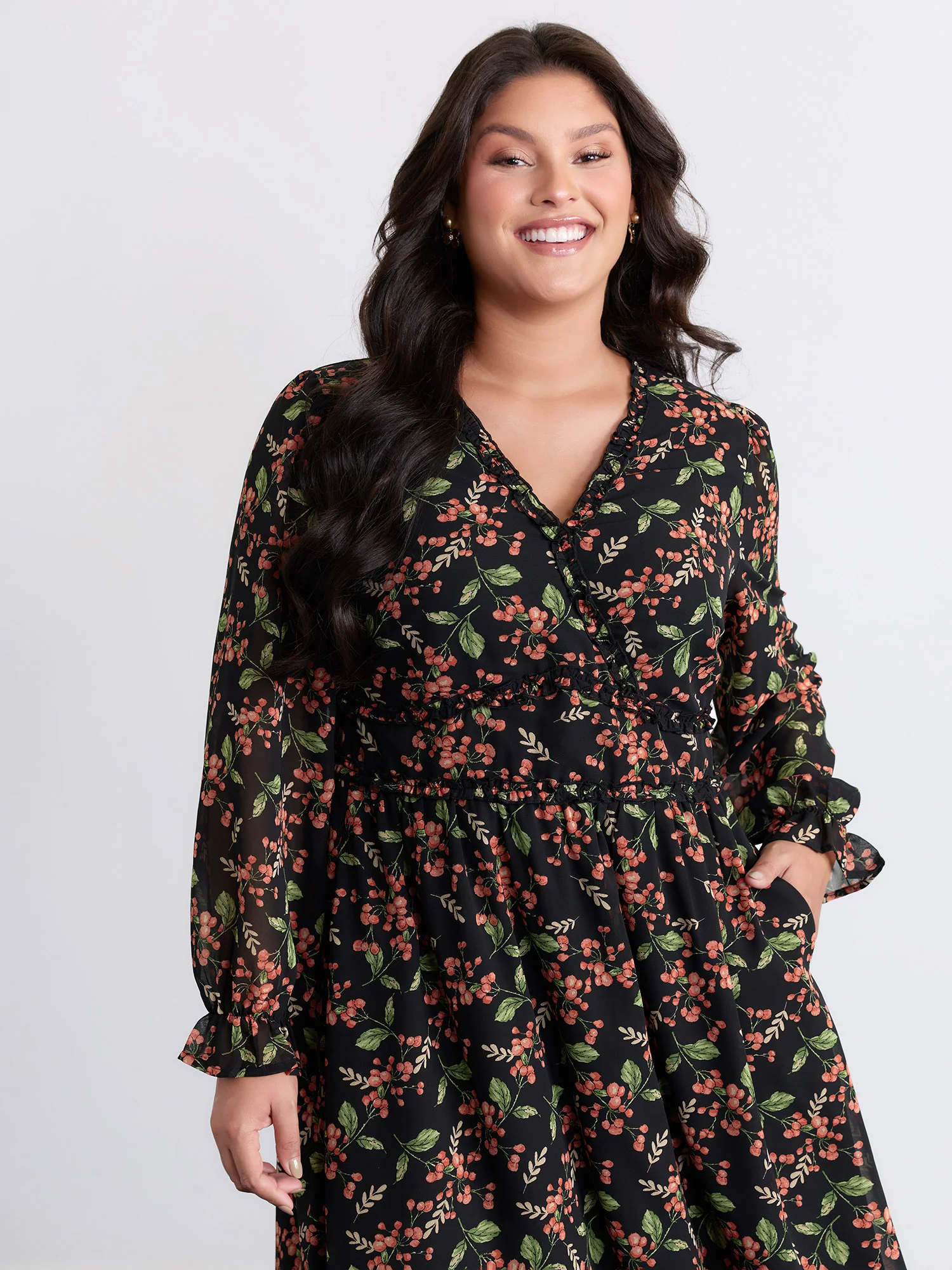 Chiffon Floral Ruffled Trim Pockets Midi Dress - Image 2