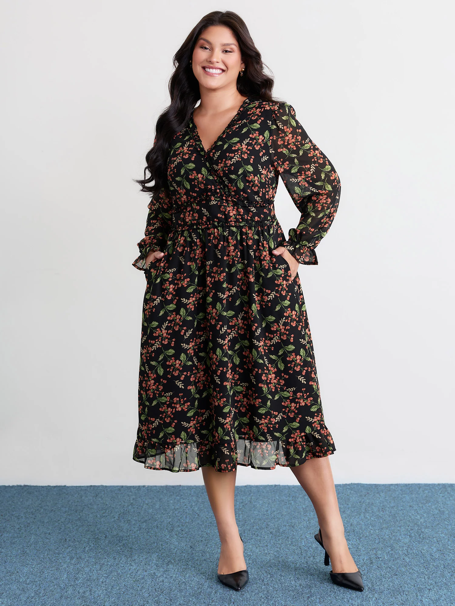 Chiffon Floral Ruffled Trim Pockets Midi Dress - Image 3