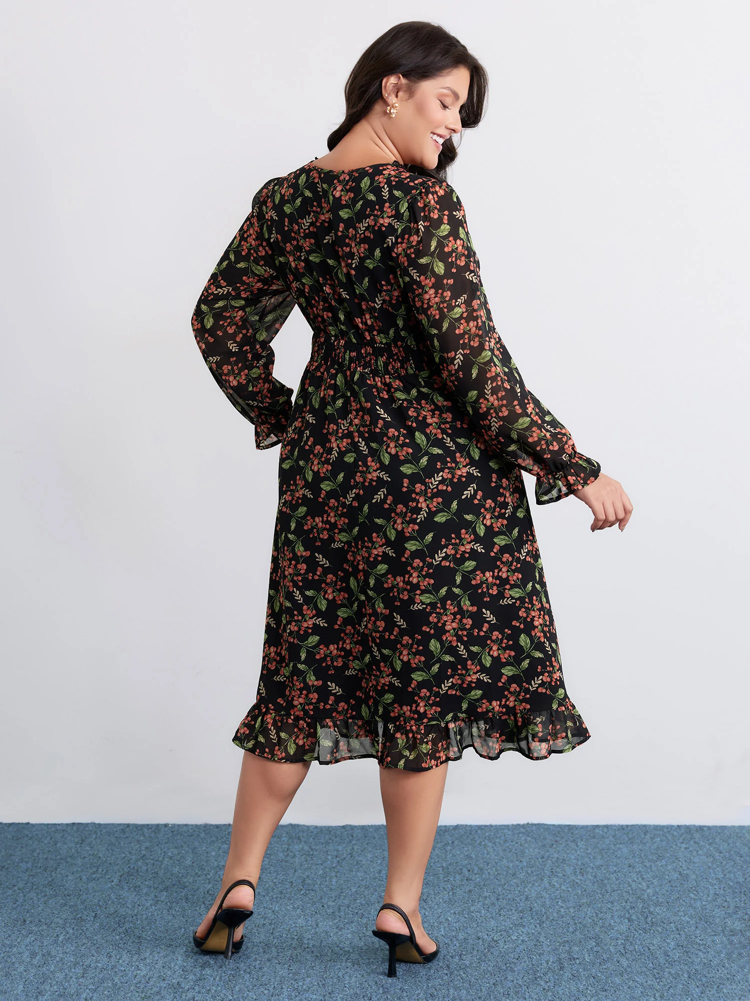 Chiffon Floral Ruffled Trim Pockets Midi Dress - Image 4