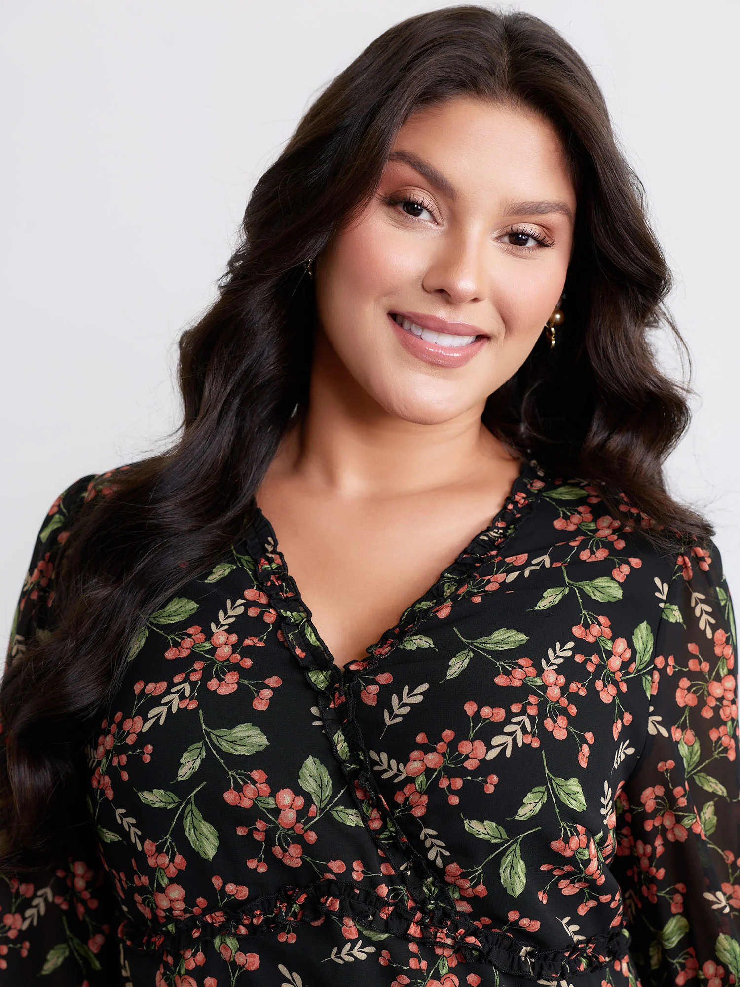 Chiffon Floral Ruffled Trim Pockets Midi Dress - Image 5
