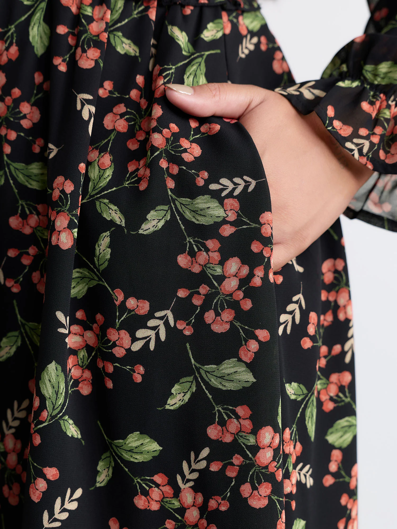 Chiffon Floral Ruffled Trim Pockets Midi Dress - Image 6