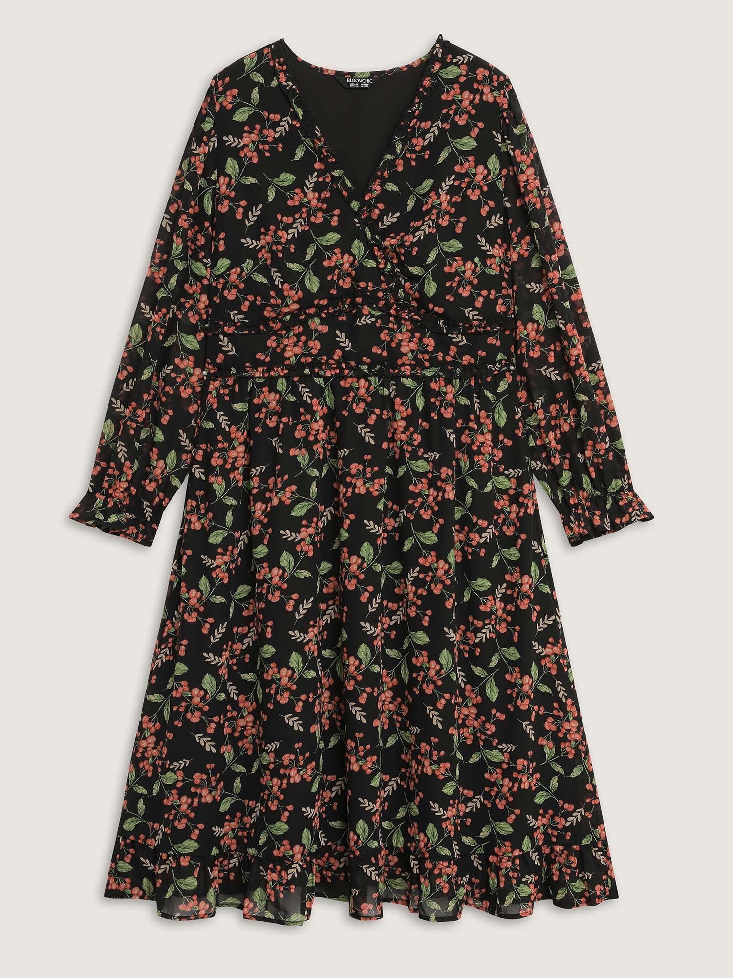 Chiffon Floral Ruffled Trim Pockets Midi Dress - Image 9