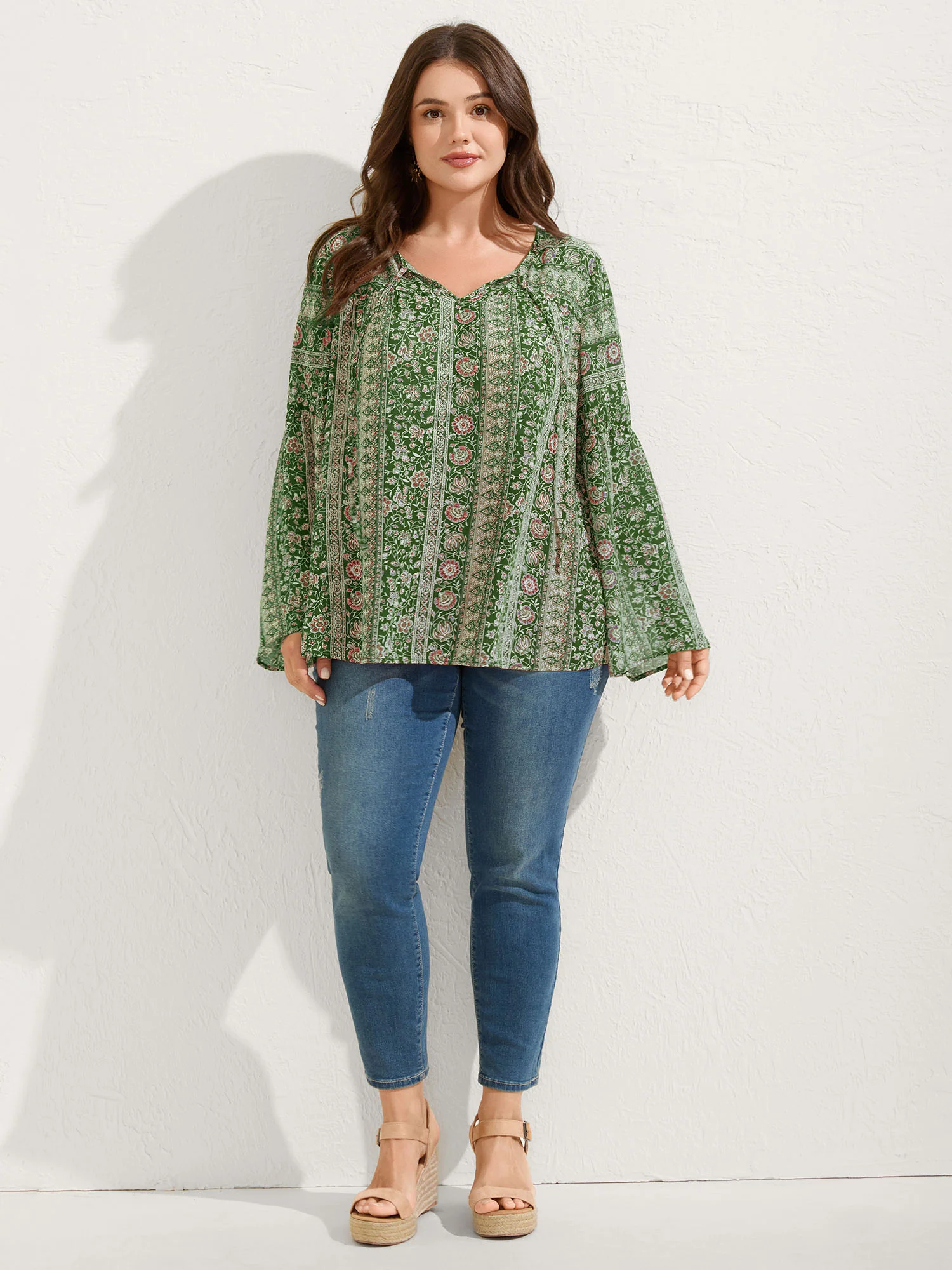 Chiffon Floral Sheer Print Neck-Tie Blouse - Image 3