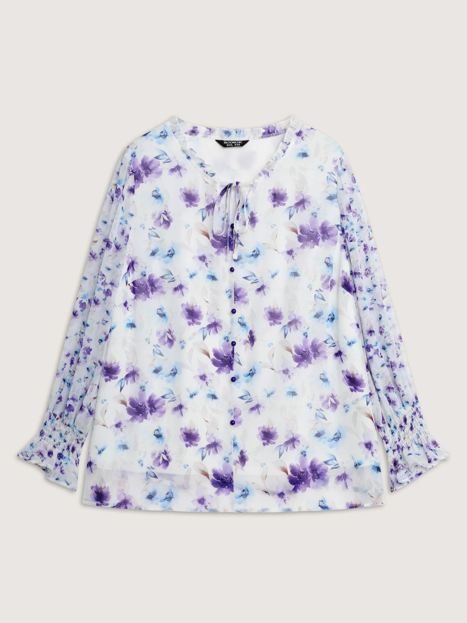 Chiffon Floral Spliced Neckline Tie Blouse - Image 7
