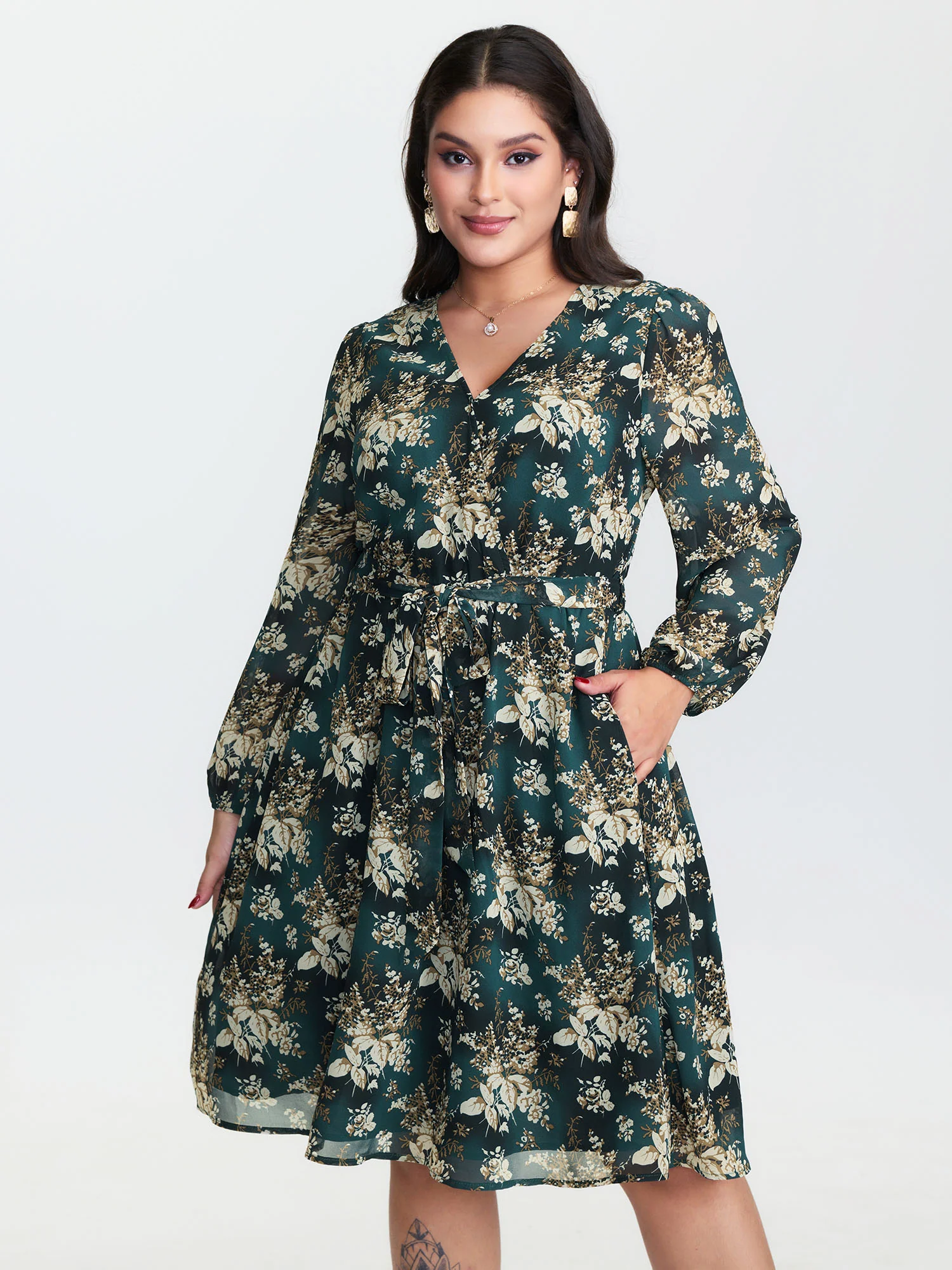 Chiffon Floral Surplice Neck Belt Mini Dress - Image 2
