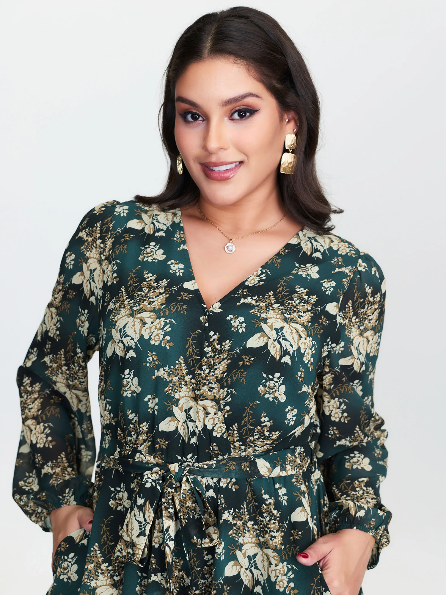 Chiffon Floral Surplice Neck Belt Mini Dress - Image 3