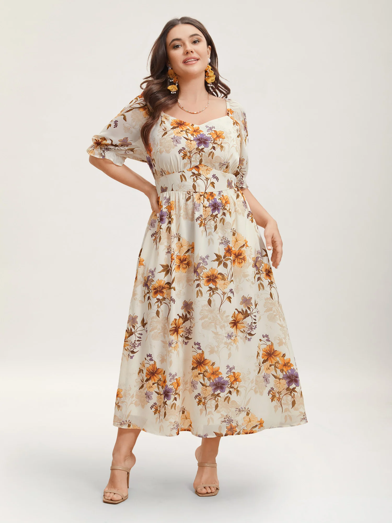 Chiffon Floral Waist-Cinched Midi Dress - Image 3