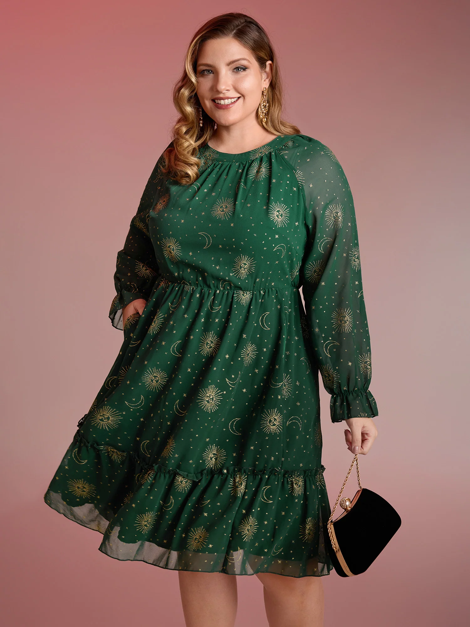 Chiffon Gold Celestial Print Tiered Midi Dress