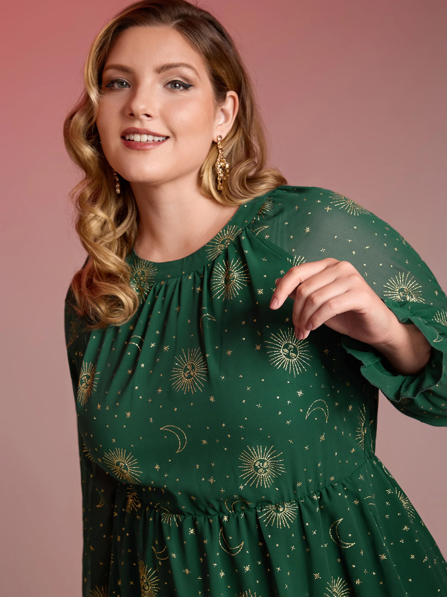 Chiffon Gold Celestial Print Tiered Midi Dress - Image 2