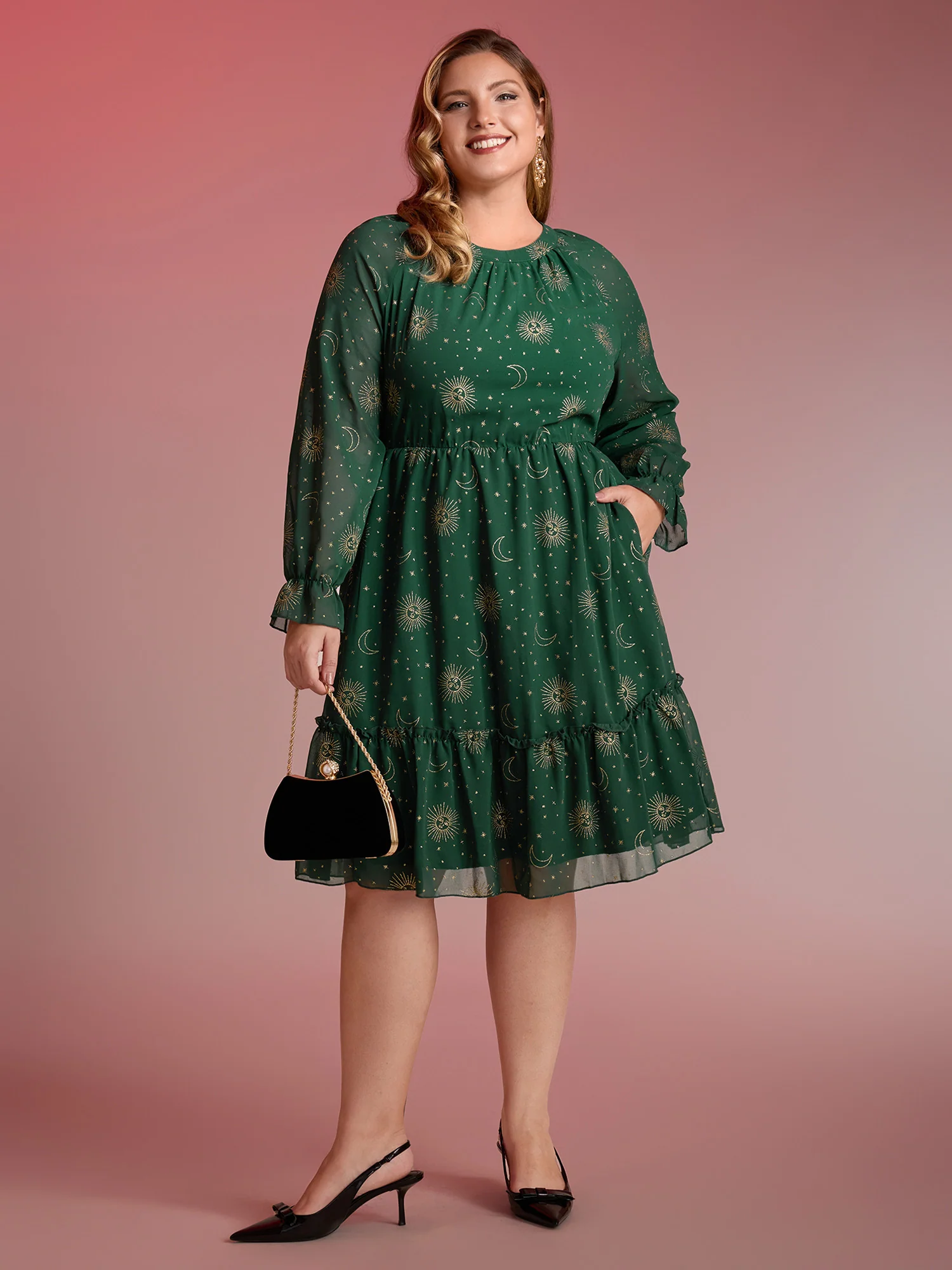 Chiffon Gold Celestial Print Tiered Midi Dress - Image 4