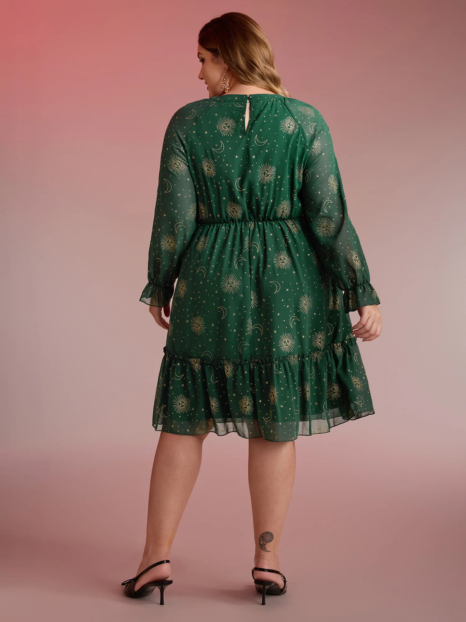 Chiffon Gold Celestial Print Tiered Midi Dress - Image 5