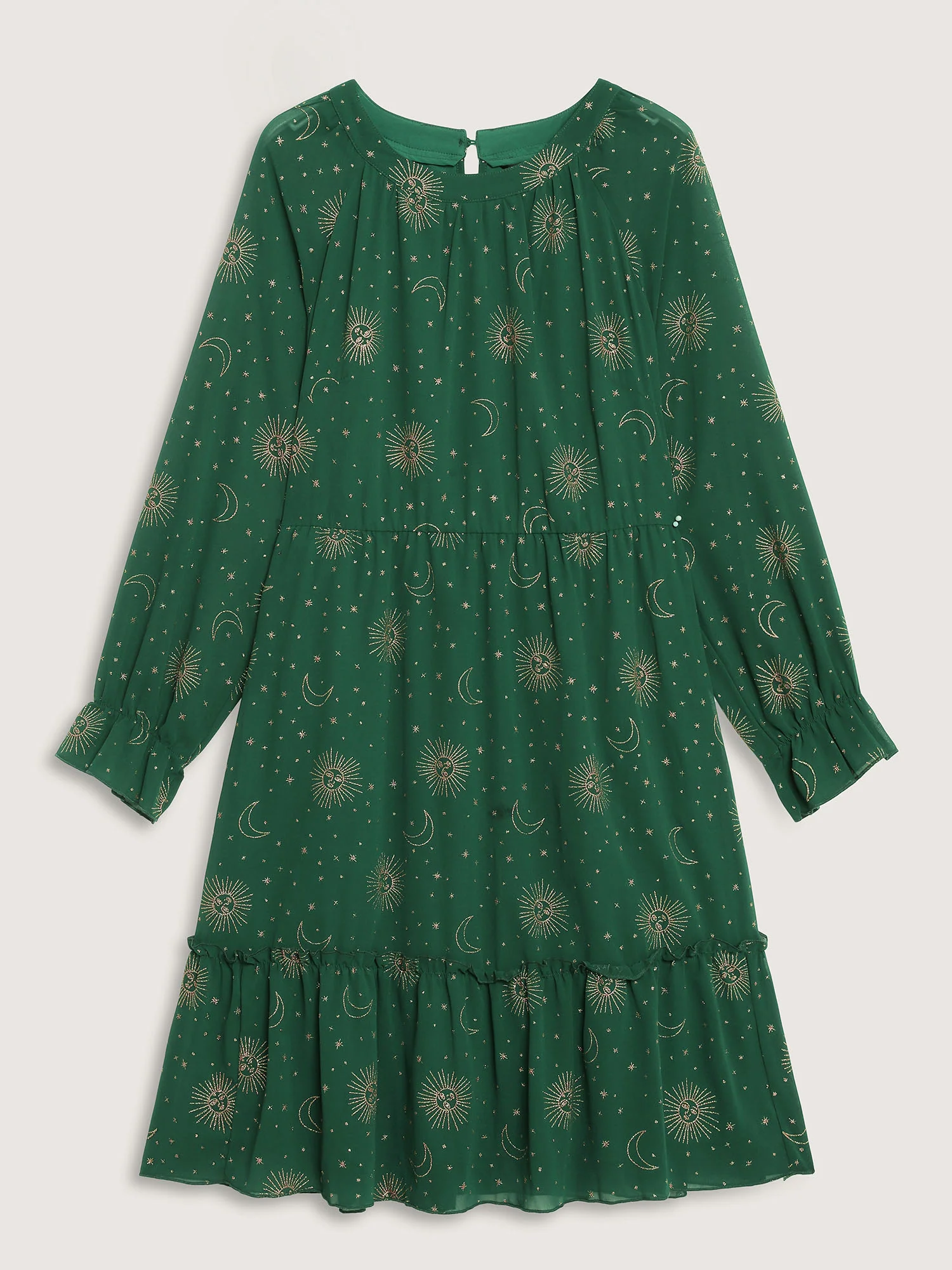 Chiffon Gold Celestial Print Tiered Midi Dress - Image 8
