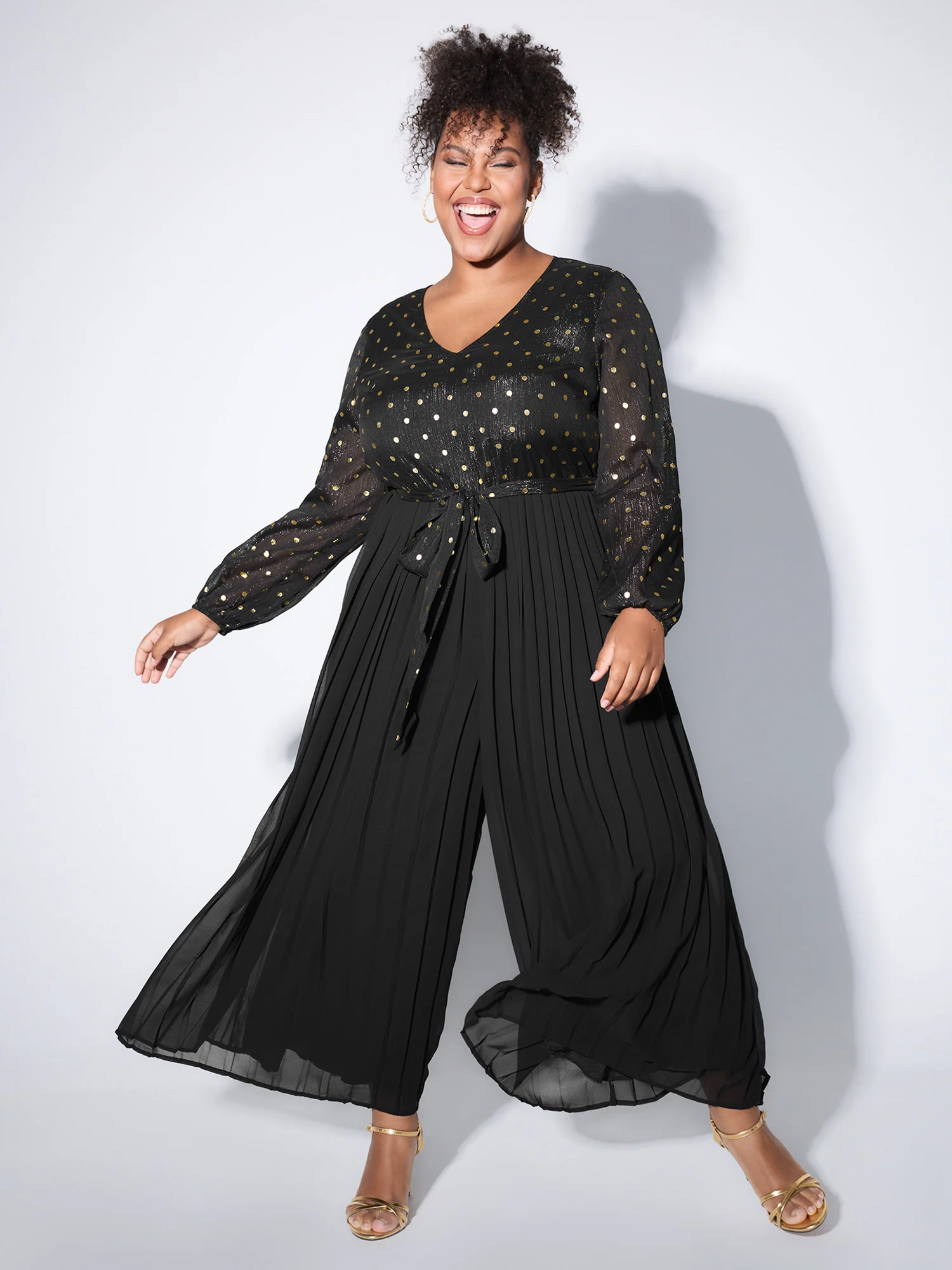 Chiffon Gold Polka Dots Cinched-Waist Jumpsuit - Image 3