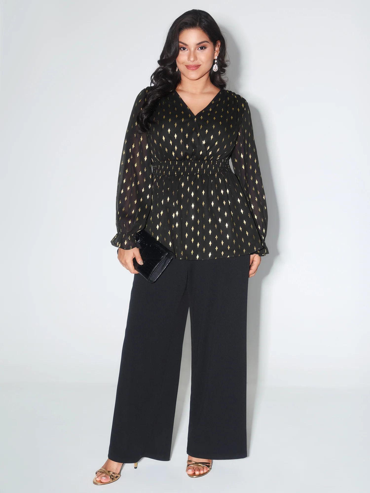 Chiffon Gold Stamp Shirred Waist Blouse - Image 3