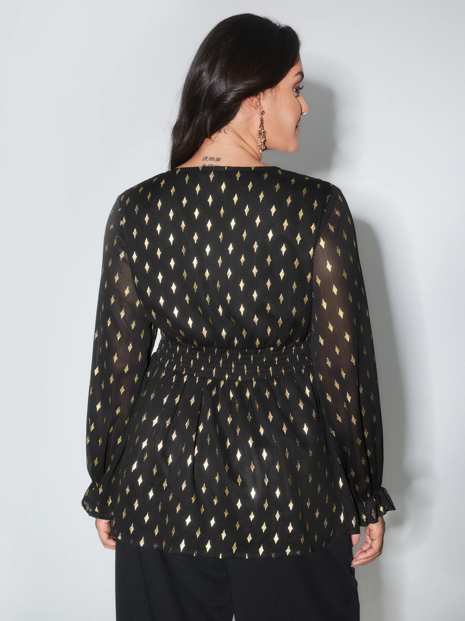 Chiffon Gold Stamp Shirred Waist Blouse - Image 4