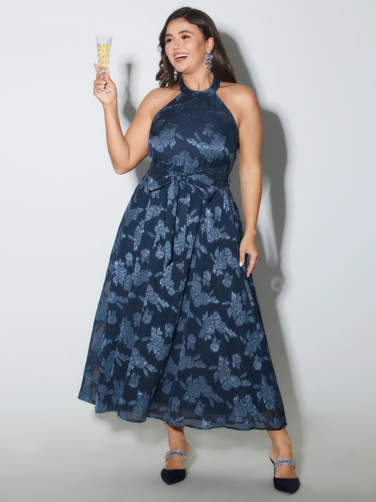 Chiffon Jacquard Halter Neck-Tie Maxi Dress - Image 3