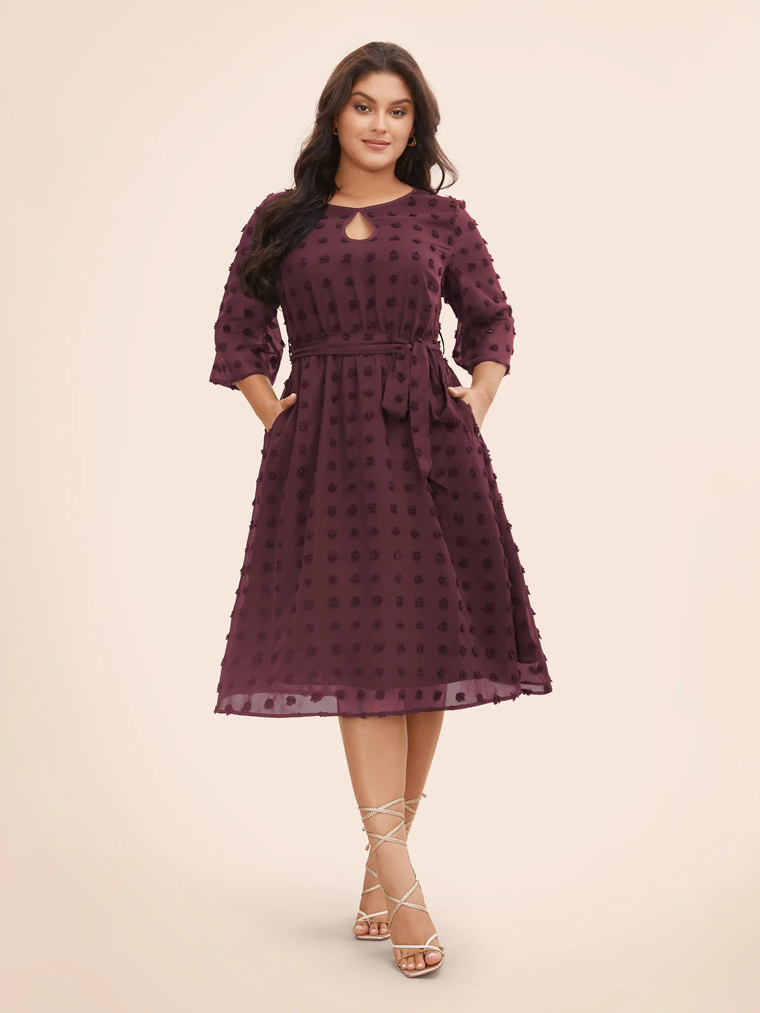 Chiffon Jacquard Patchwork Mesh Keyhole Dress - Image 2