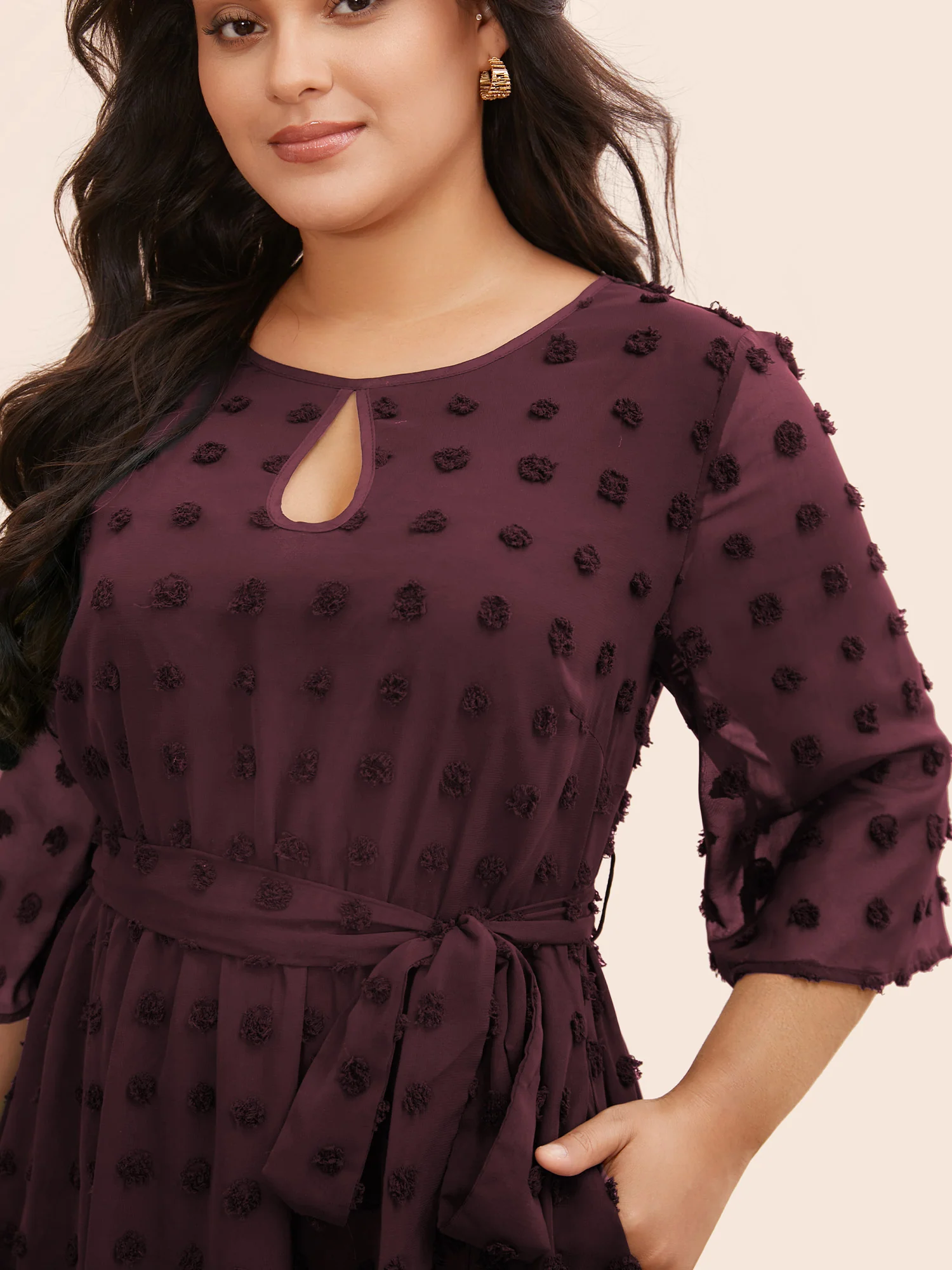 Chiffon Jacquard Patchwork Mesh Keyhole Dress - Image 4