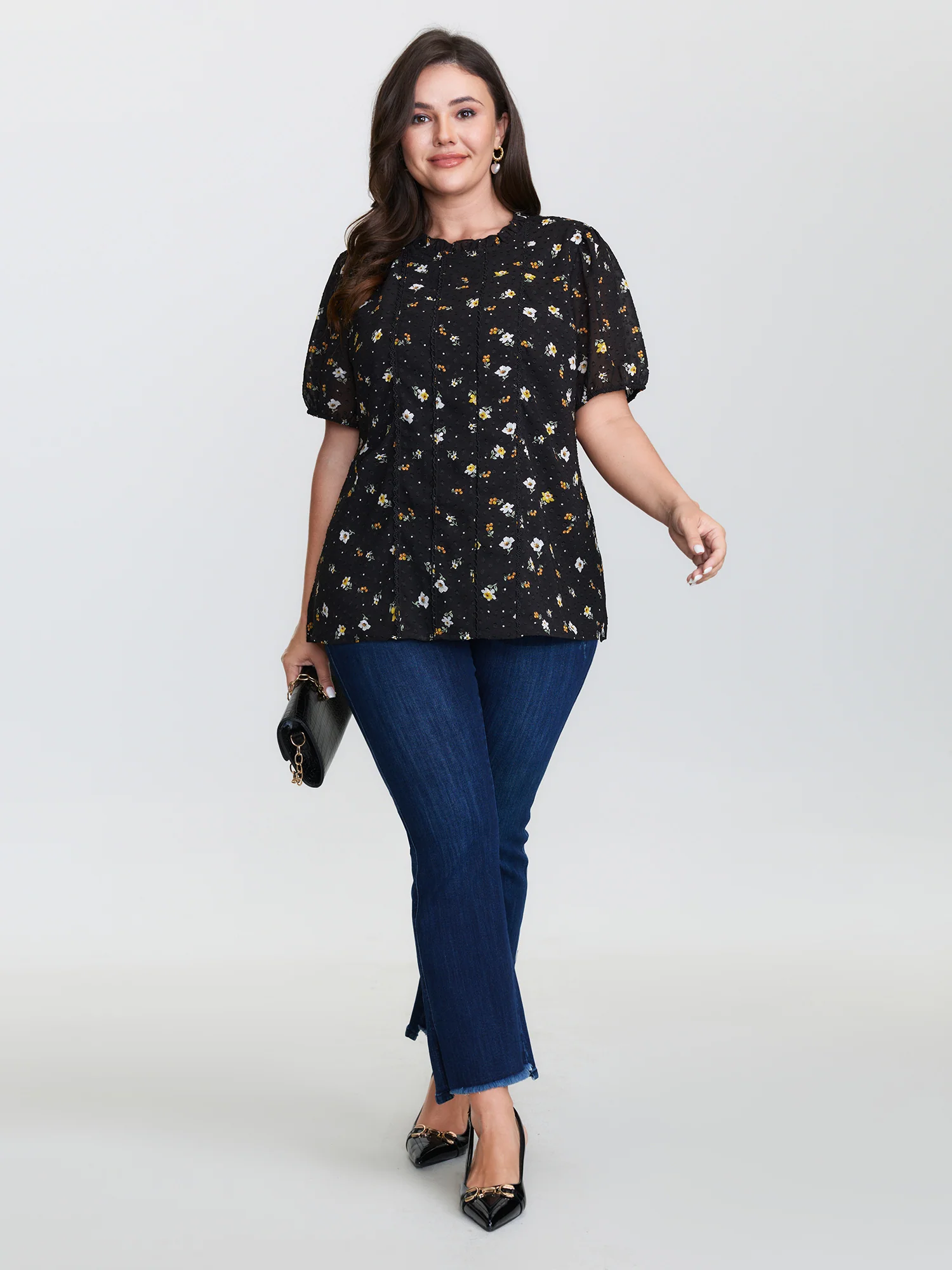 Chiffon Lace Trim Mock Neck Blouse - Image 3