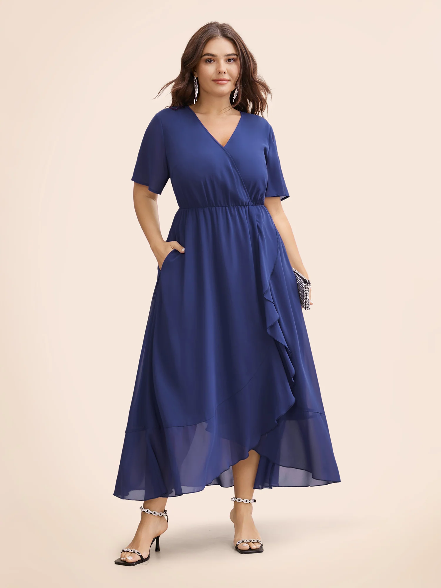 Chiffon Overlap Collar Ruffle Sleeve Dress - Image 2