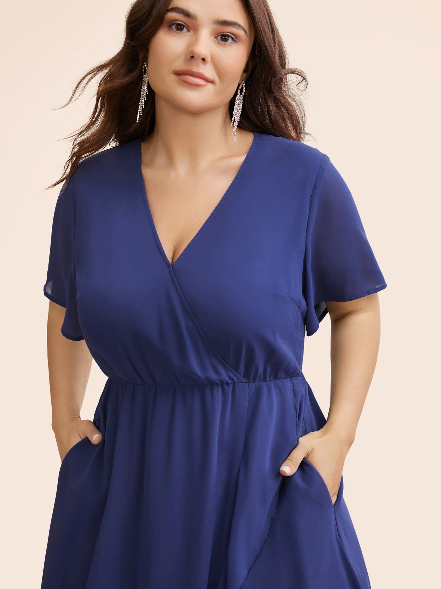 Chiffon Overlap Collar Ruffle Sleeve Dress - Image 3