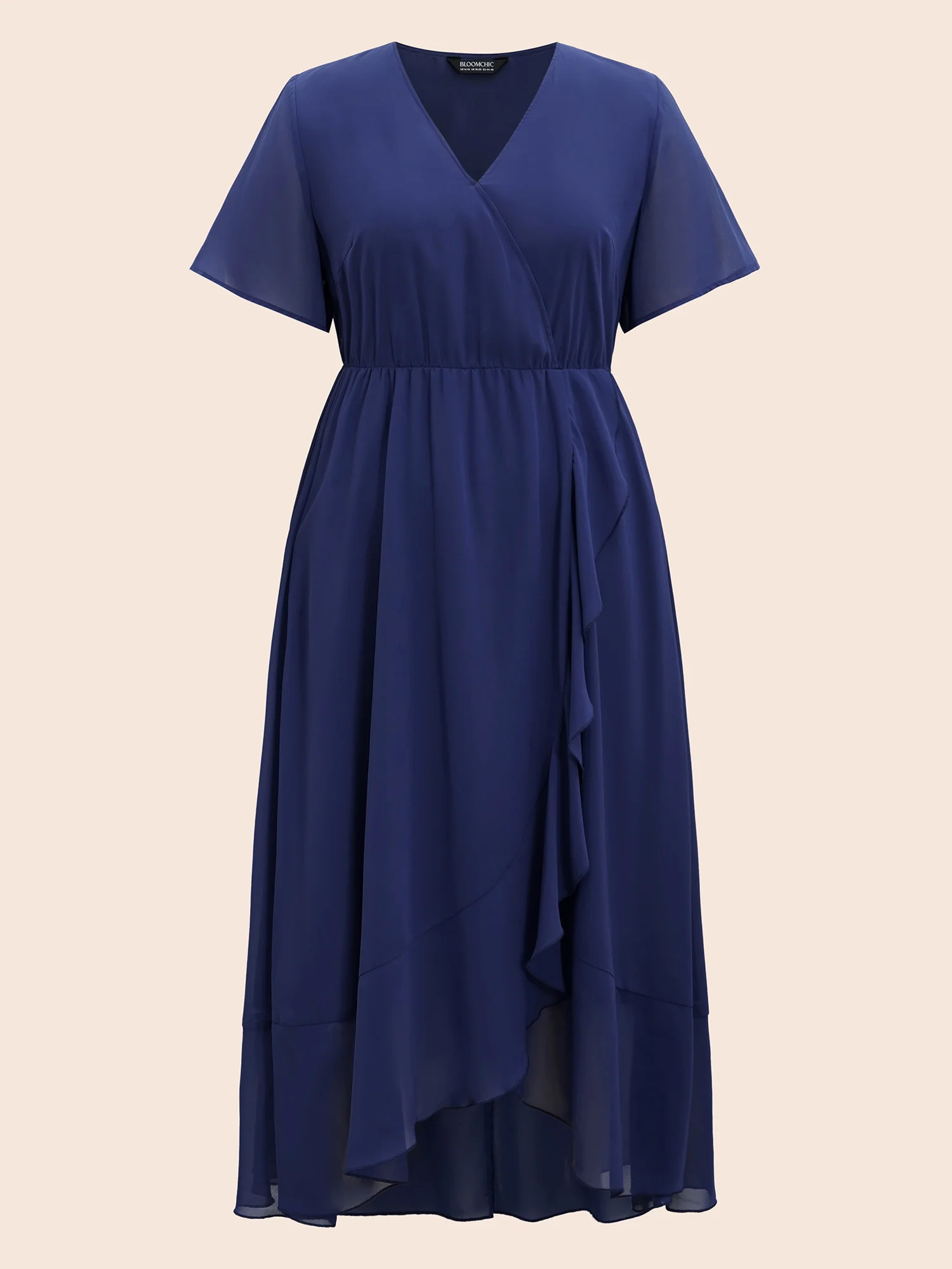 Chiffon Overlap Collar Ruffle Sleeve Dress - Image 7