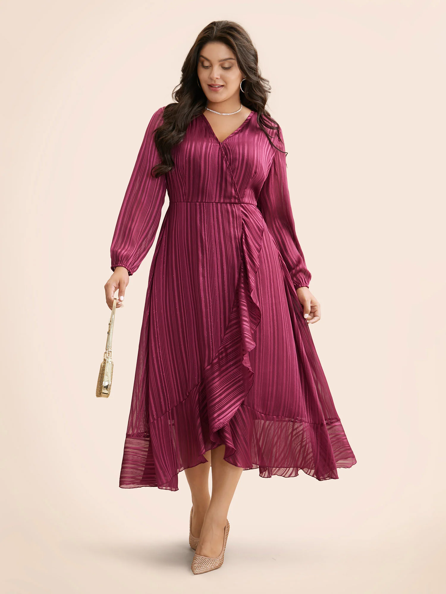 Chiffon Overlap Collar Ruffle Trim Dress - Image 2
