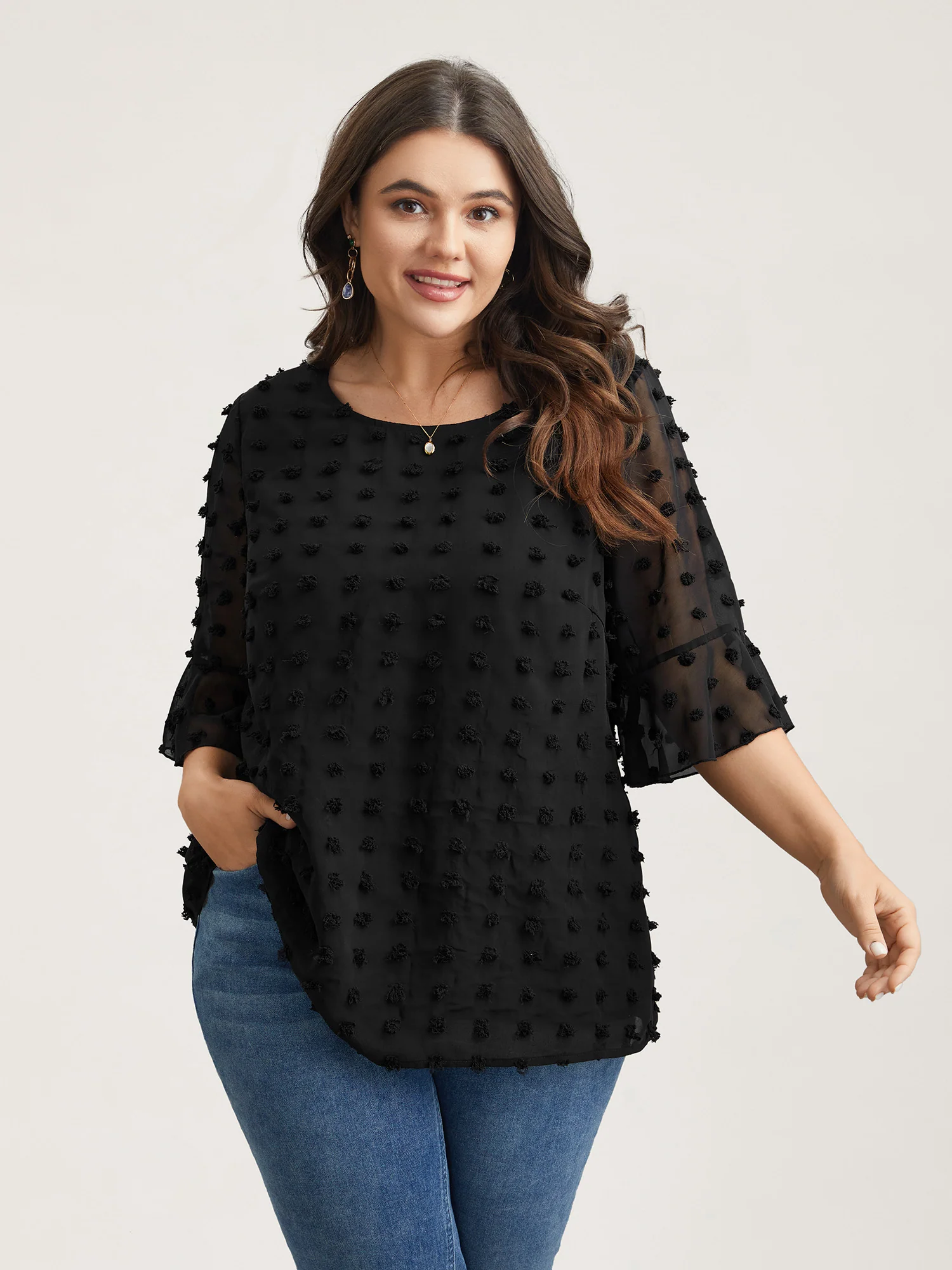 Chiffon Polka Dot Round Neck Shirt - Image 3
