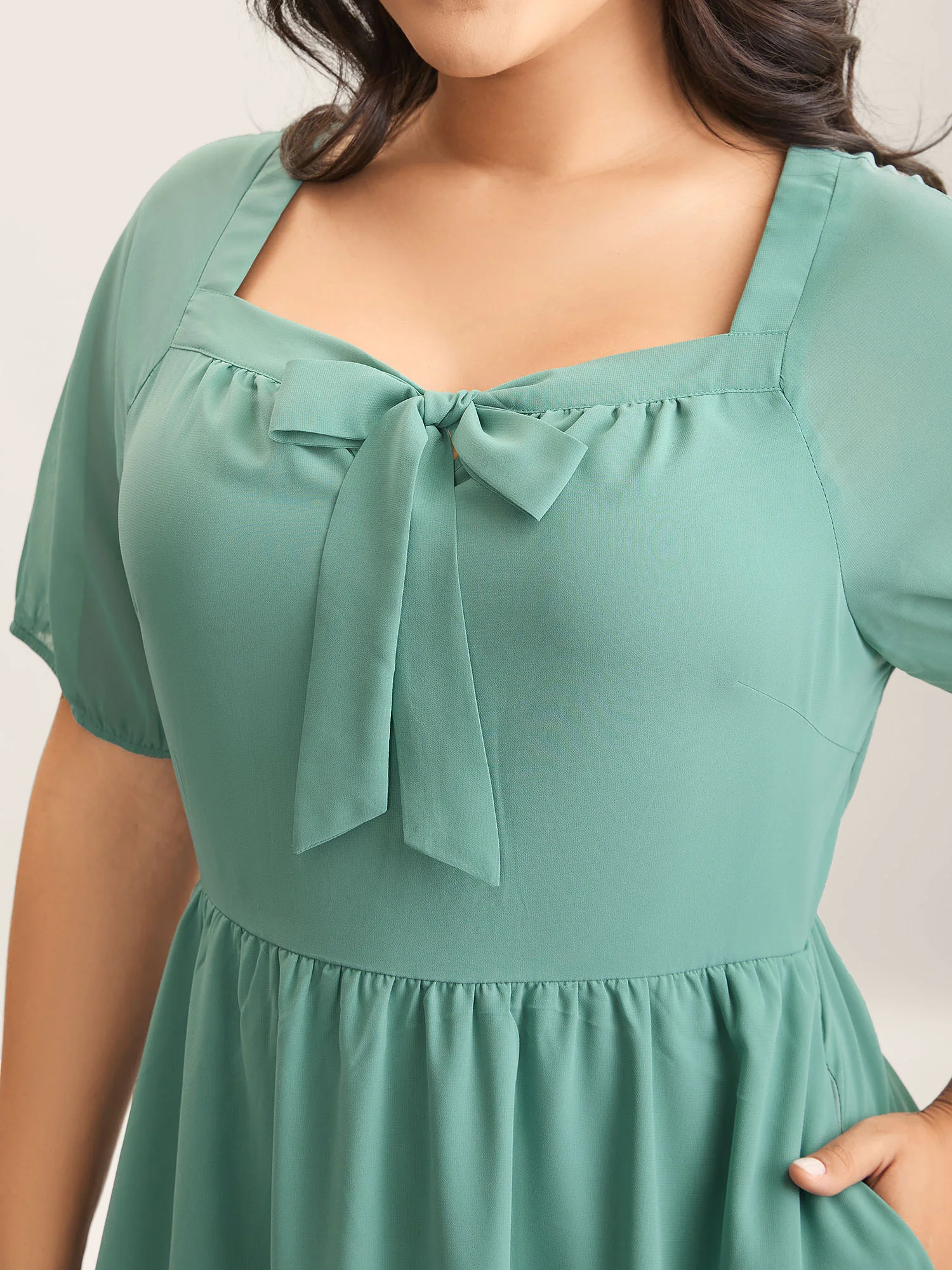 Chiffon Ribbon Collar Waist-Cinched Dress - Image 2