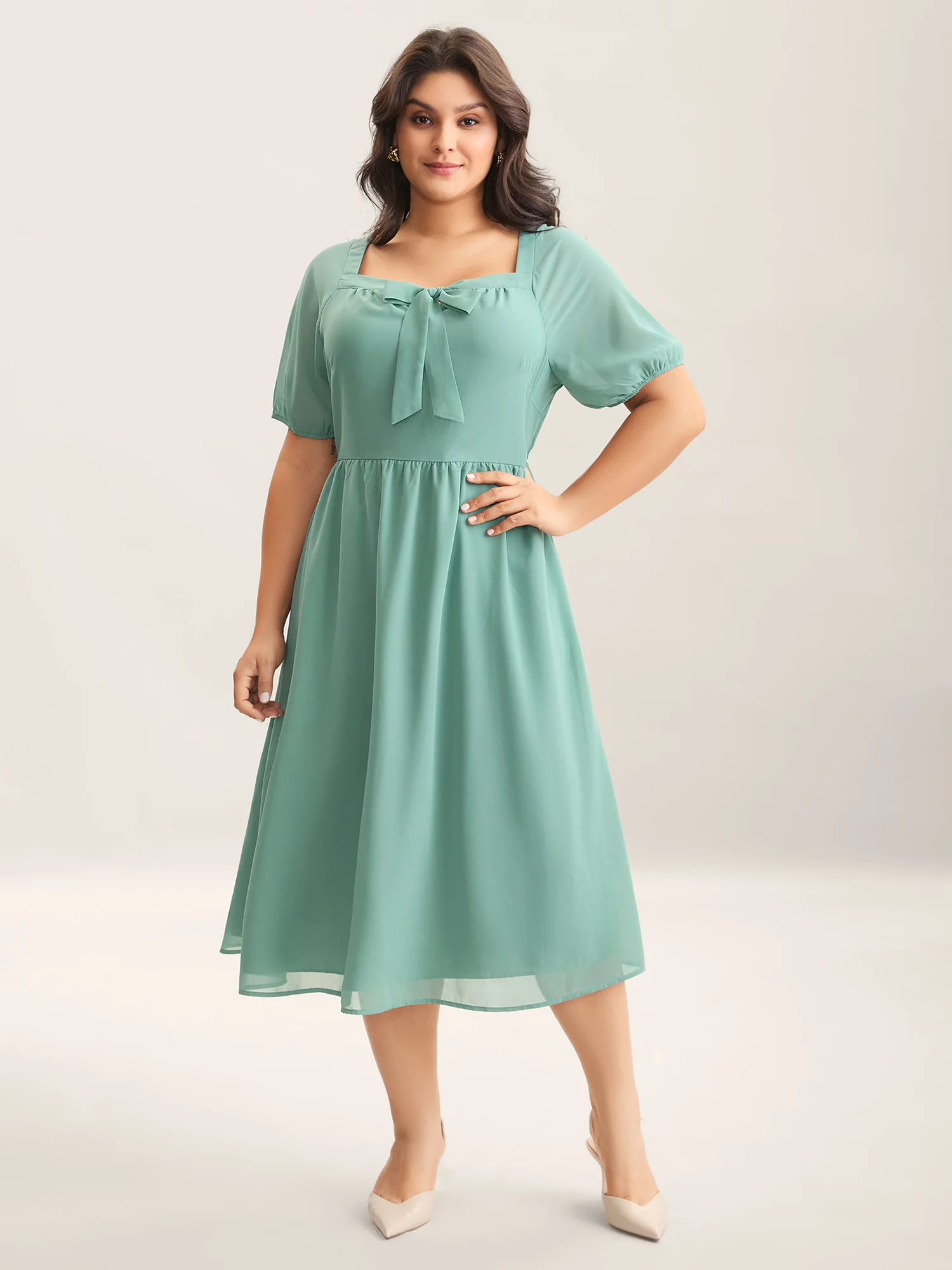 Chiffon Ribbon Collar Waist-Cinched Dress - Image 3