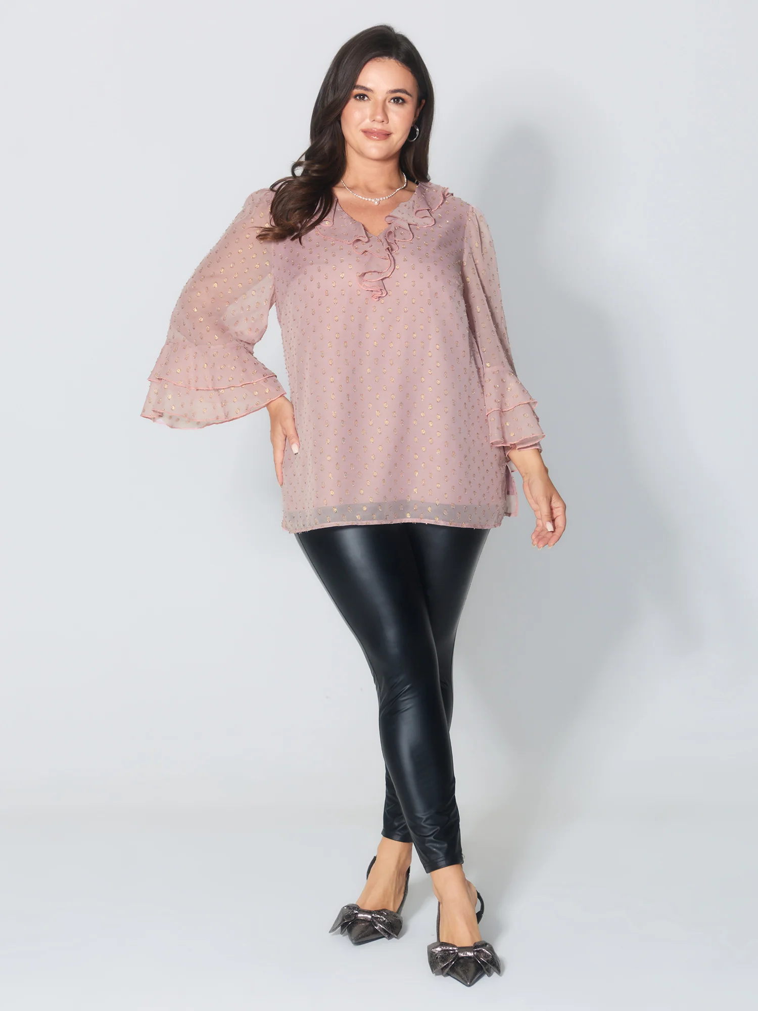 Chiffon Ruffled Neckline Layered Sleeve Blouse - Image 2