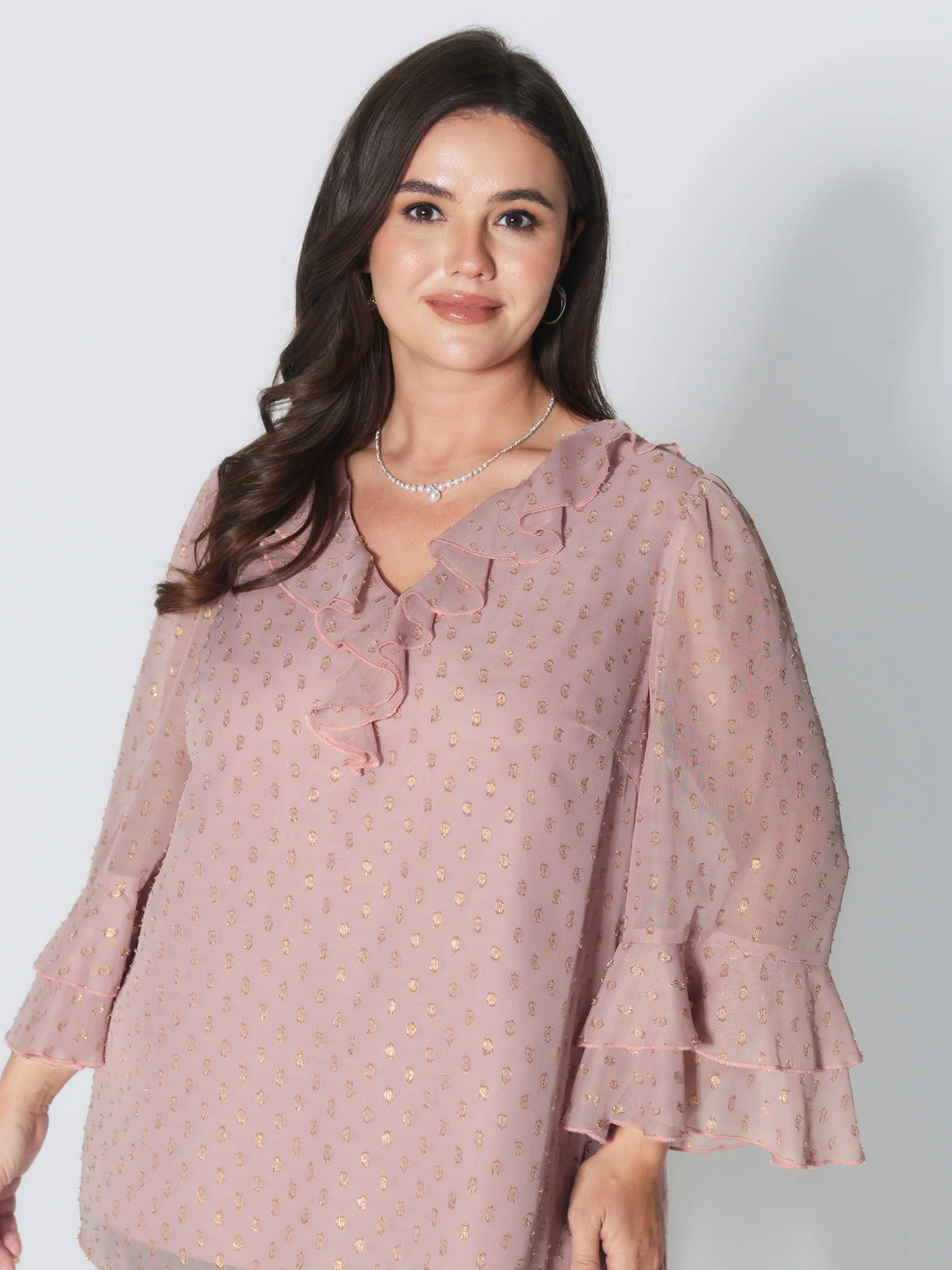 Chiffon Ruffled Neckline Layered Sleeve Blouse - Image 3