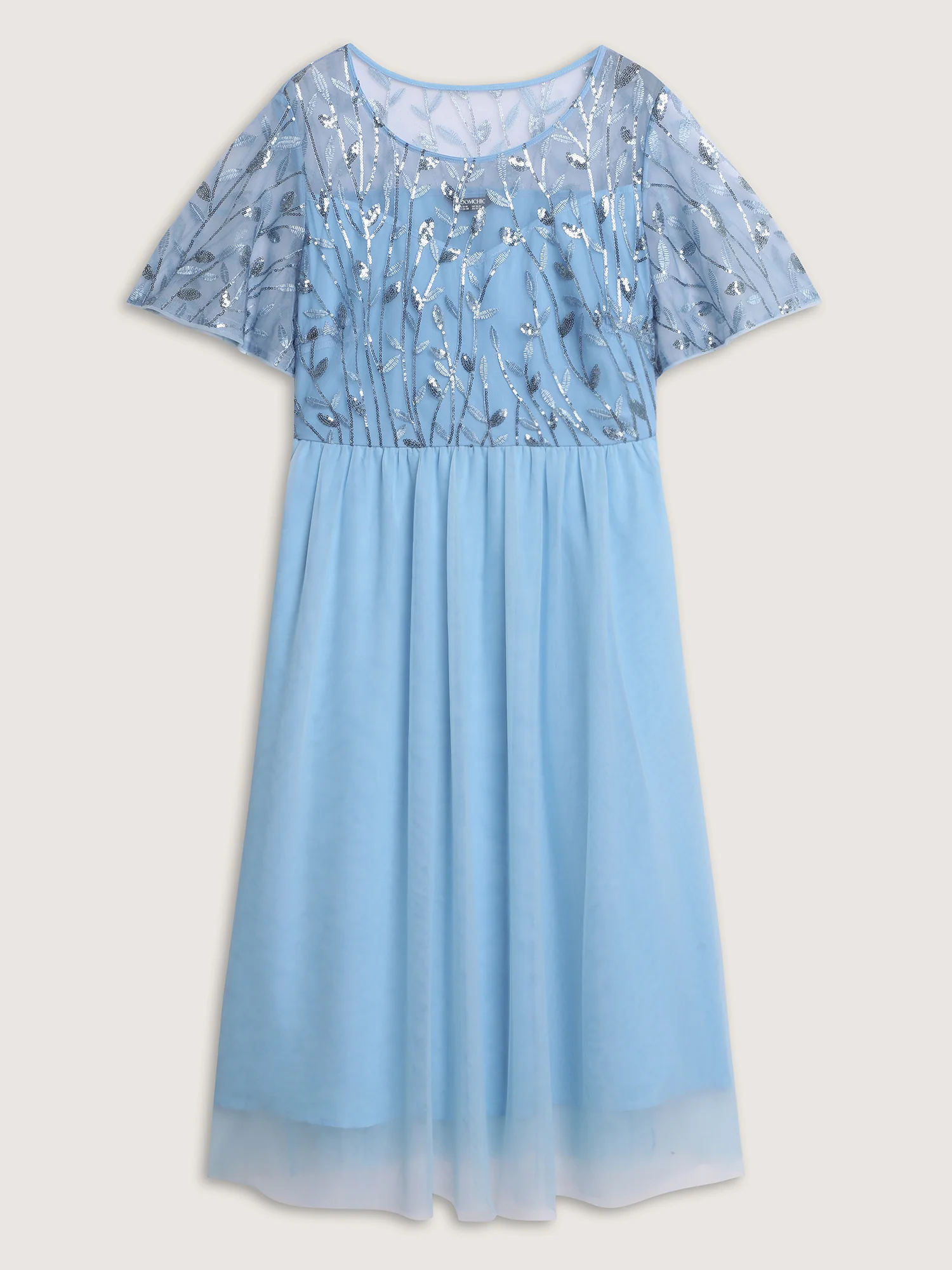 Chiffon Sequin Mesh Embroidered Round Neck Midi Dress - Image 7