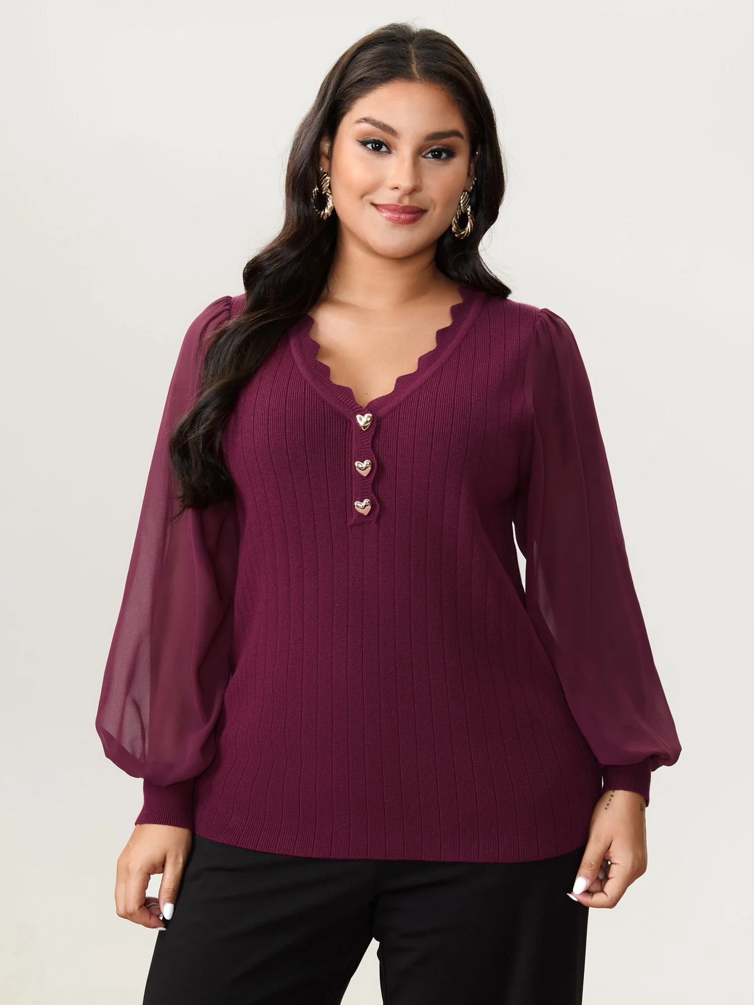 Chiffon Sheer Sleeve Heart Shaped Button Pullover - Image 2