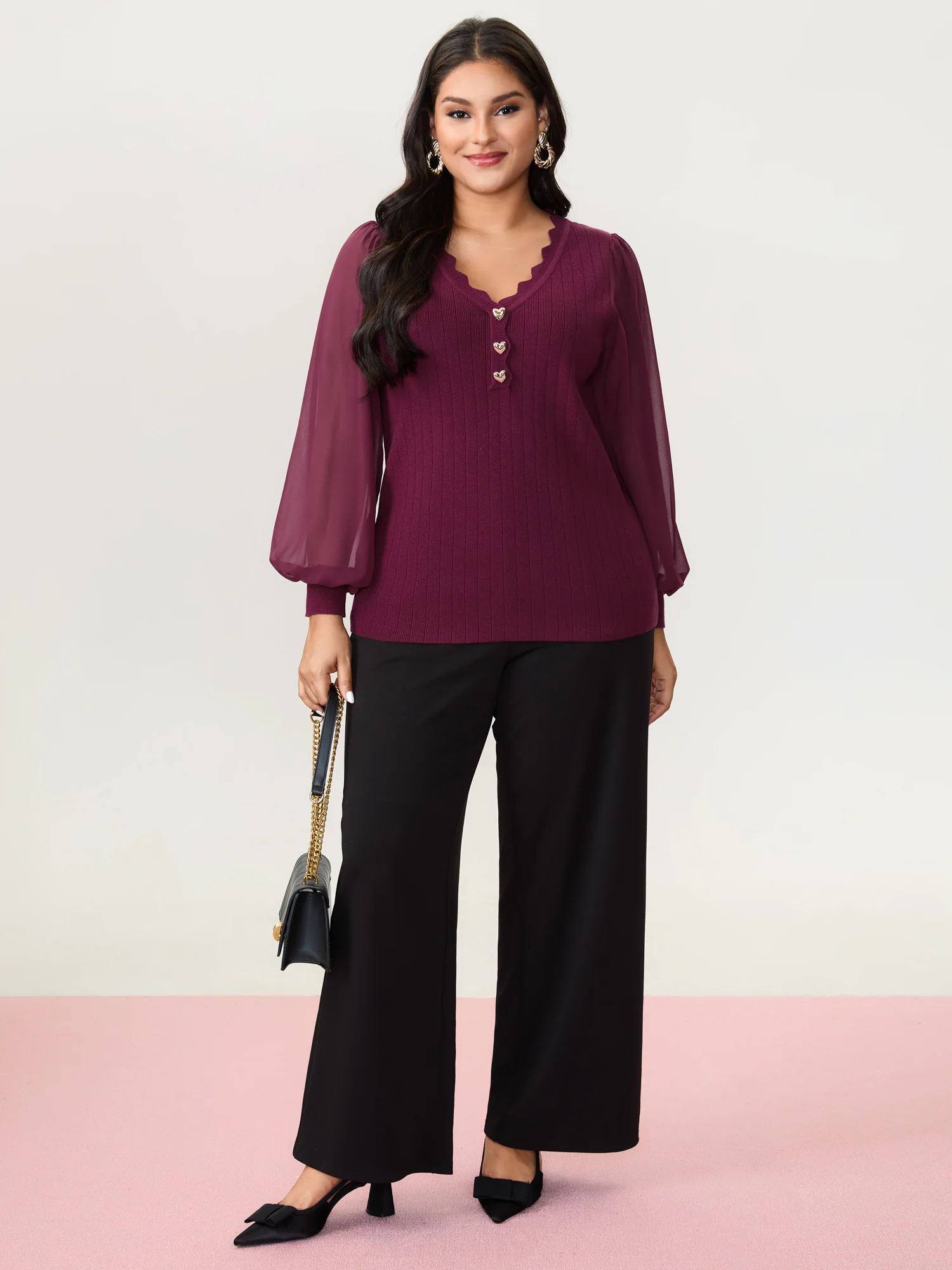 Chiffon Sheer Sleeve Heart Shaped Button Pullover - Image 3