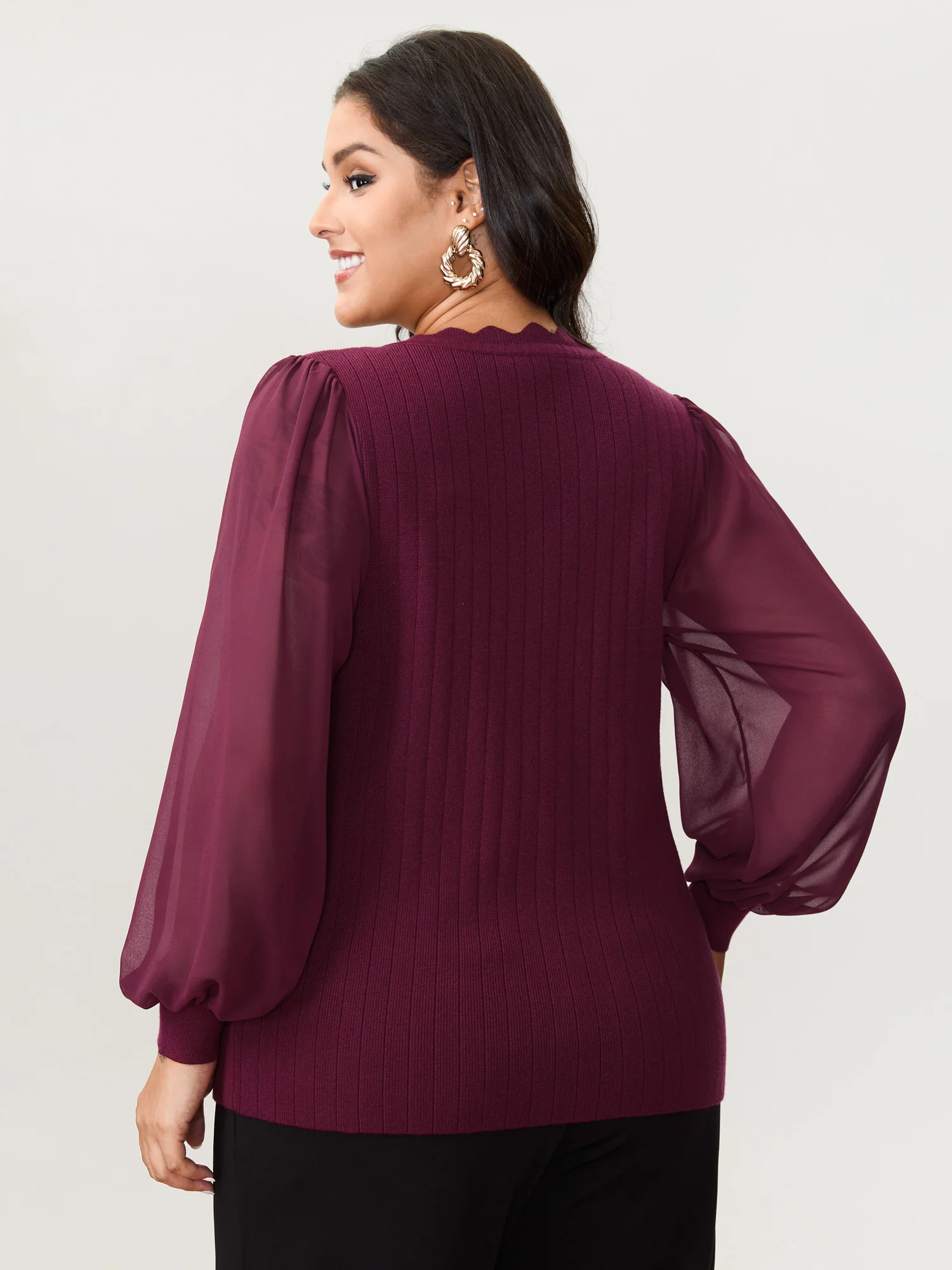 Chiffon Sheer Sleeve Heart Shaped Button Pullover - Image 4