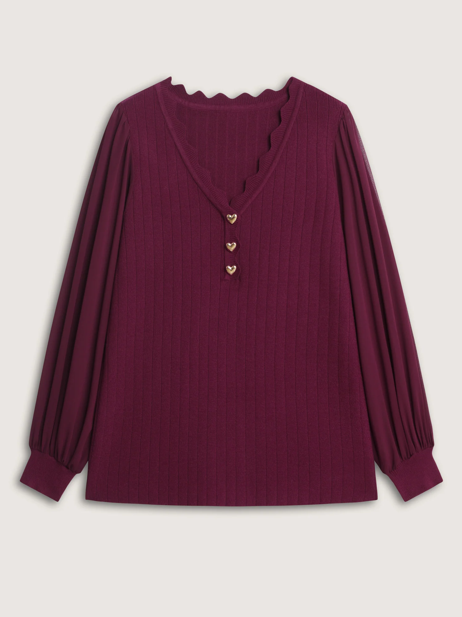 Chiffon Sheer Sleeve Heart Shaped Button Pullover - Image 7