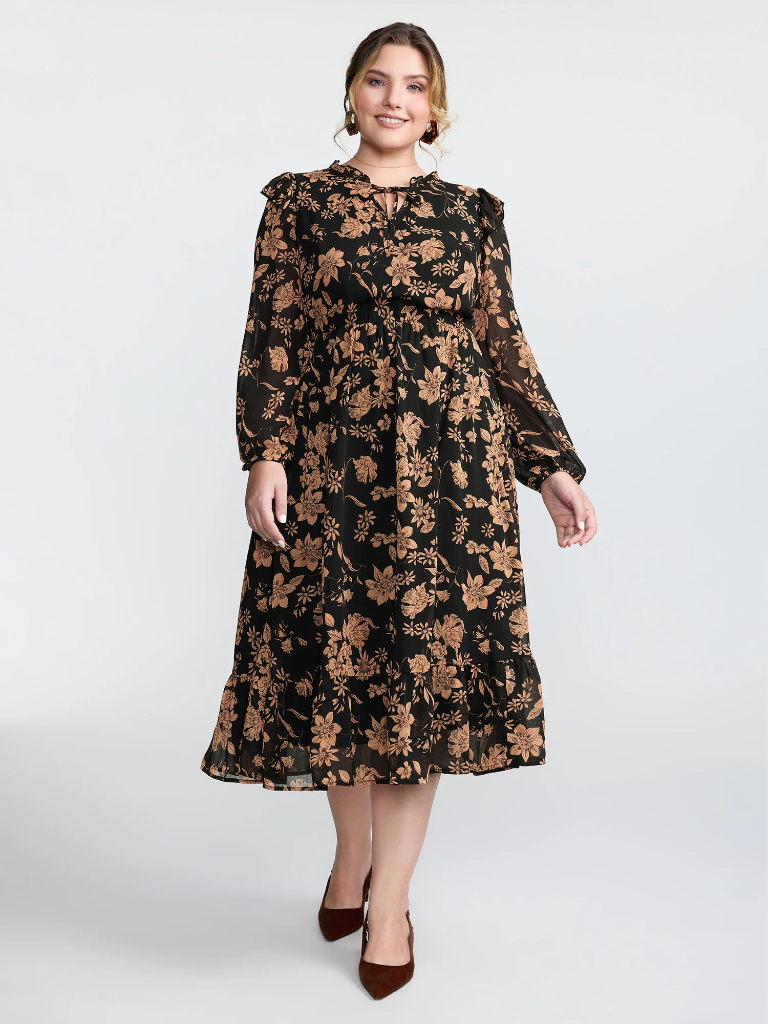 Chiffon Silhouette Flower Ruffled Midi Dress - Image 3