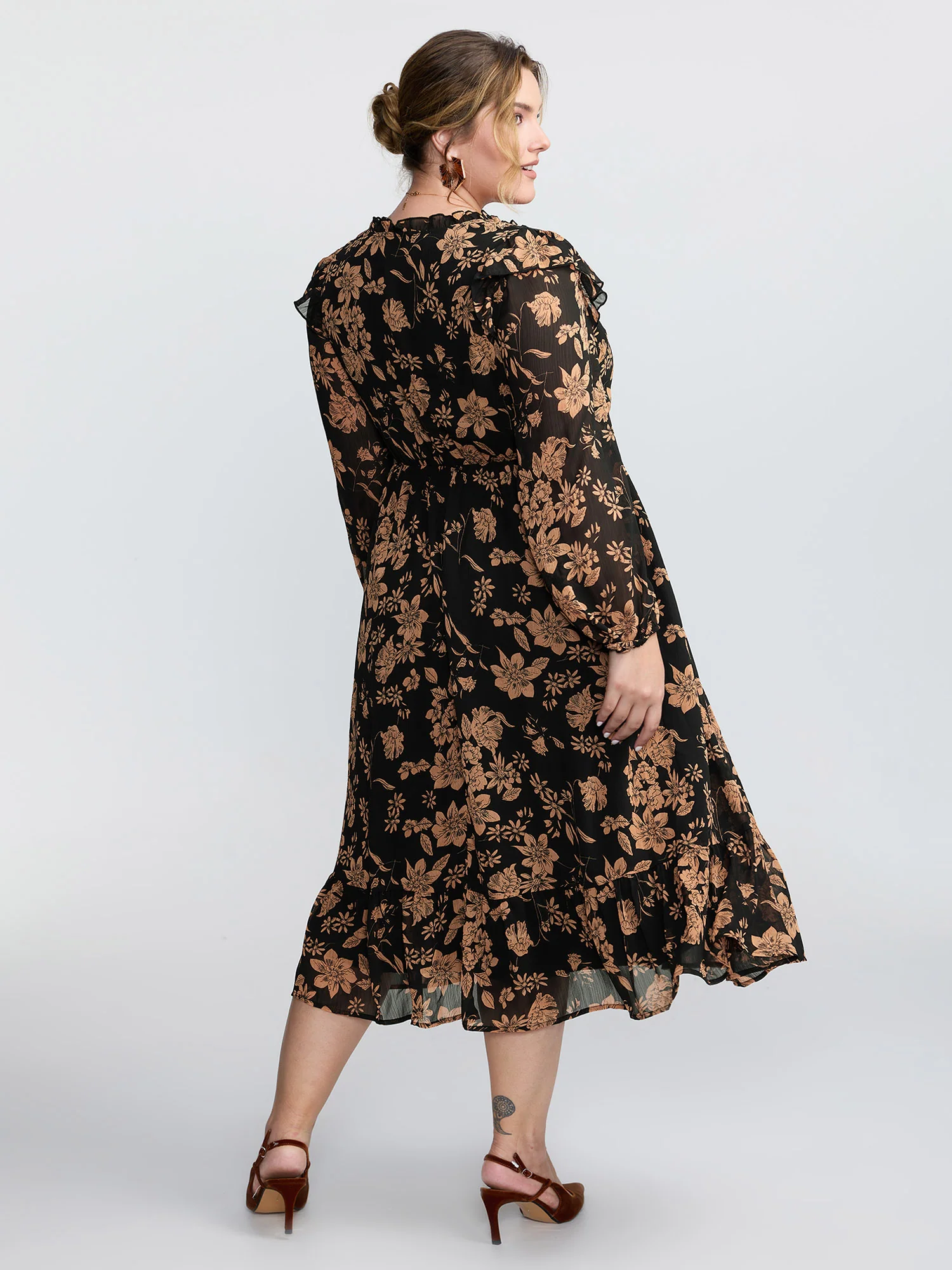 Chiffon Silhouette Flower Ruffled Midi Dress - Image 4
