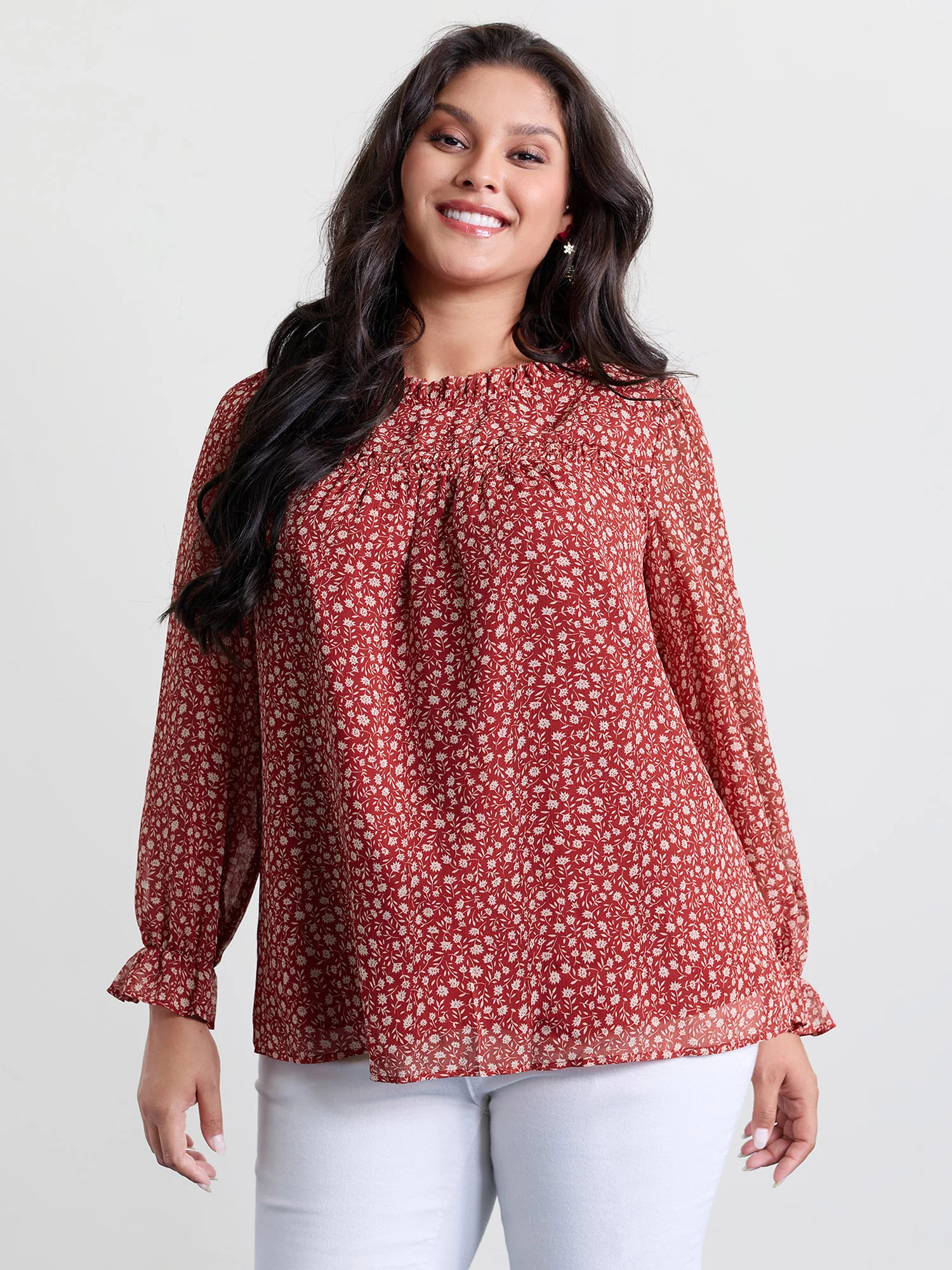 Chiffon Silhouette Flower Ruffled Neck Blouse - Image 2