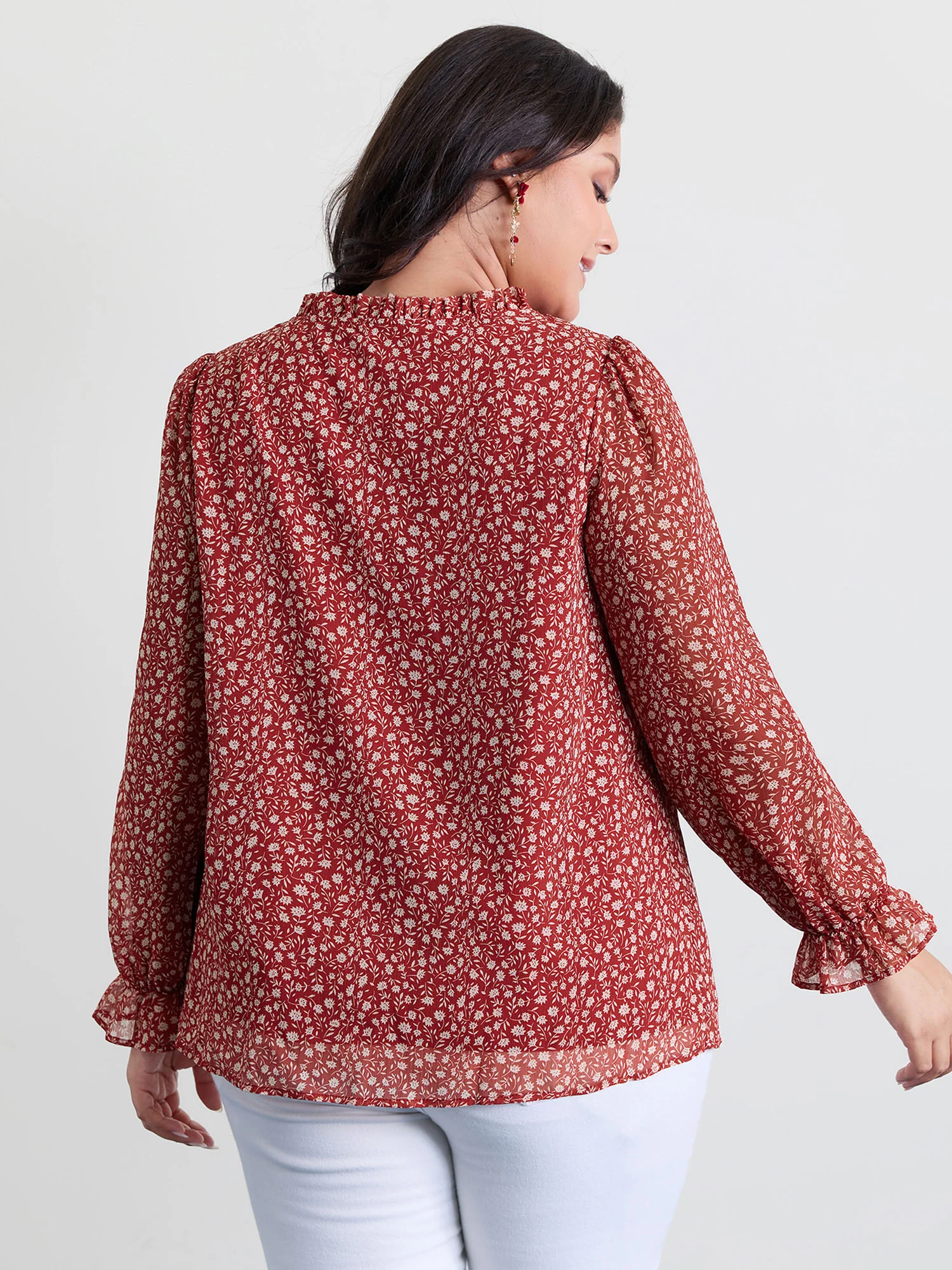 Chiffon Silhouette Flower Ruffled Neck Blouse - Image 4