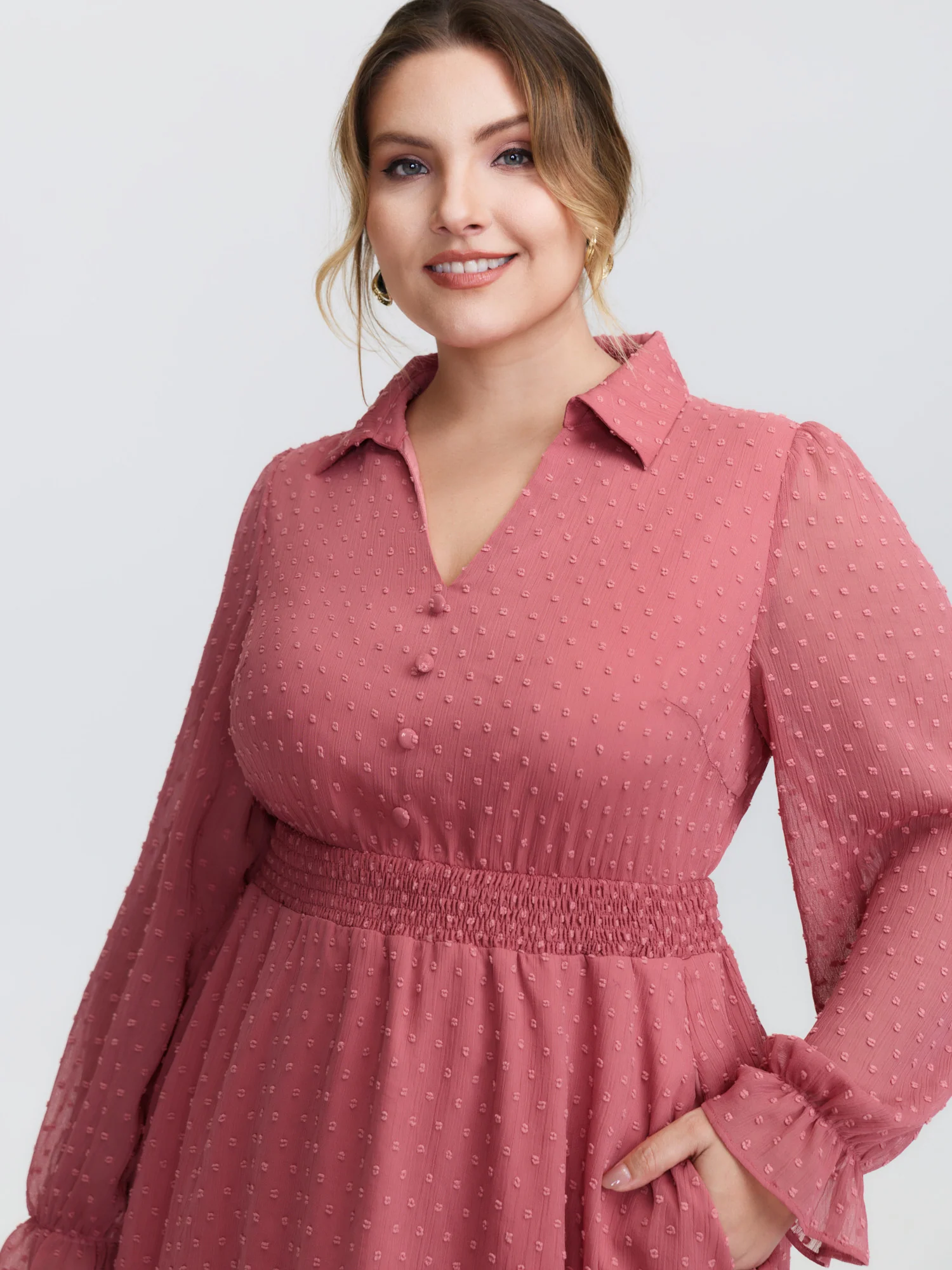 Chiffon Texture V-Neck Shirred Waist Midi Dress - Image 2