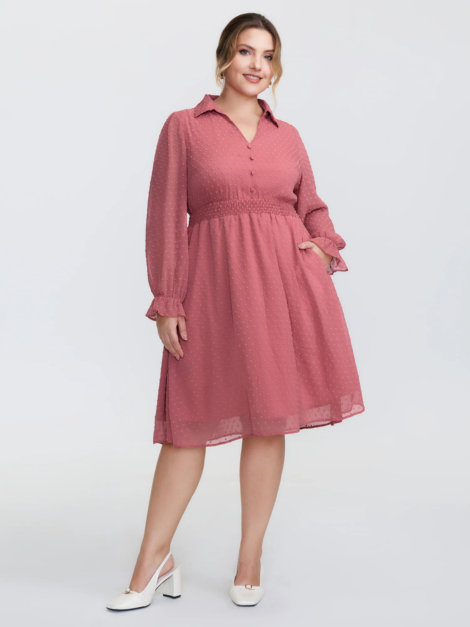 Chiffon Texture V-Neck Shirred Waist Midi Dress - Image 3