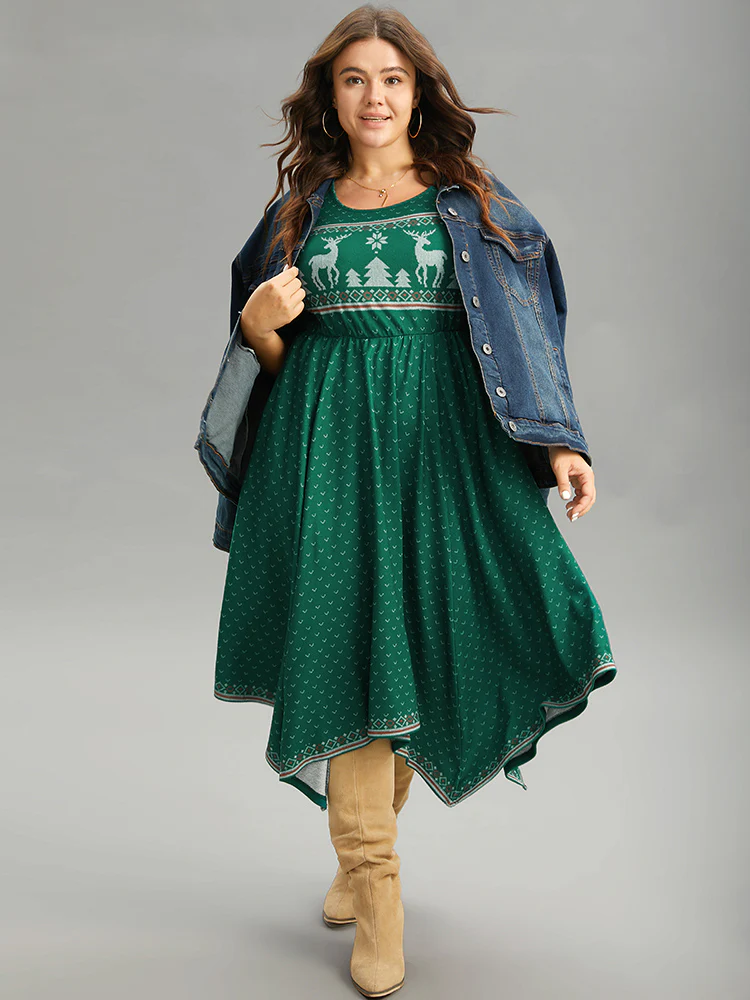 Christmas Elk Elastic Waist Hanky Hem Dress - Image 2