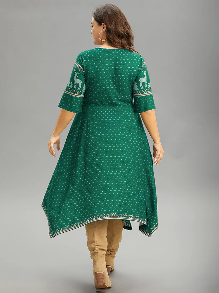 Christmas Elk Elastic Waist Hanky Hem Dress - Image 3