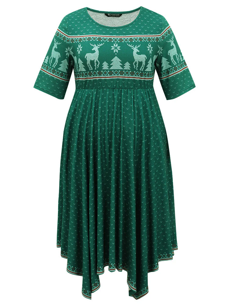 Christmas Elk Elastic Waist Hanky Hem Dress - Image 6