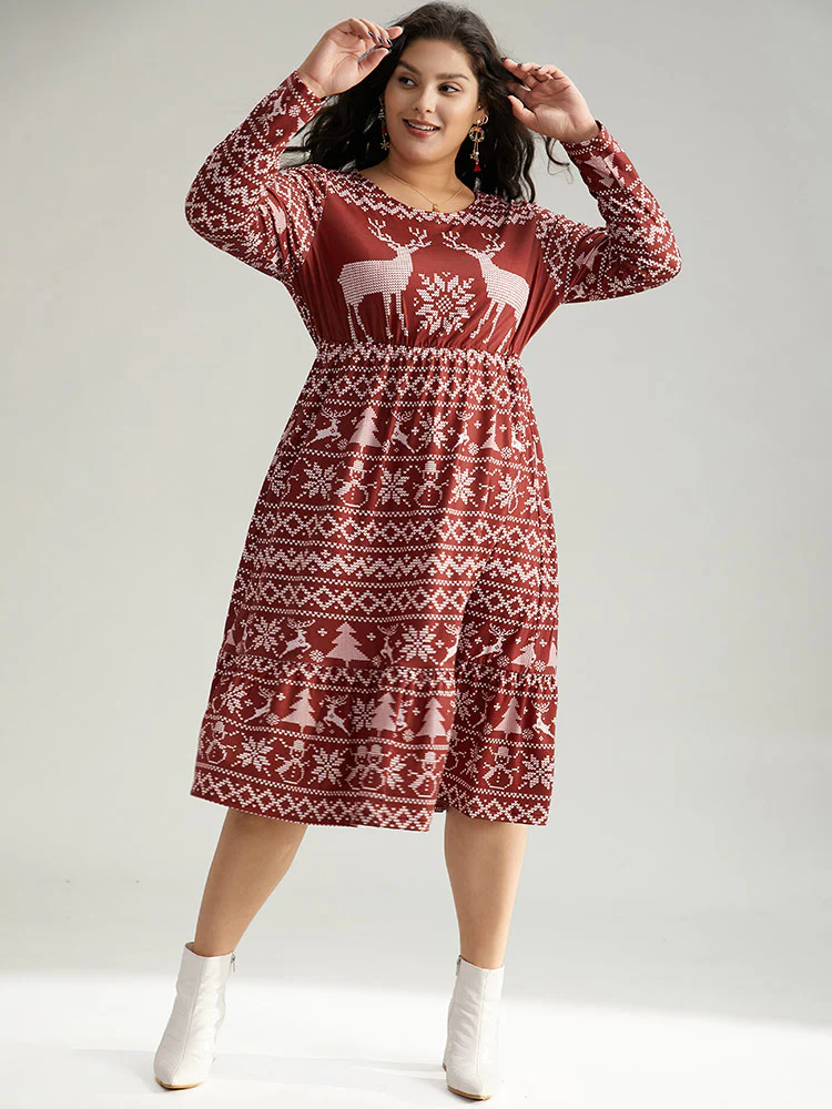 Christmas Elk Gathered Ruffle Layered Hem Dress - Image 2