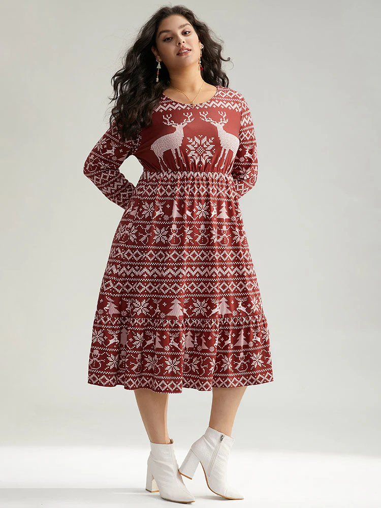 Christmas Elk Gathered Ruffle Layered Hem Dress - Image 5